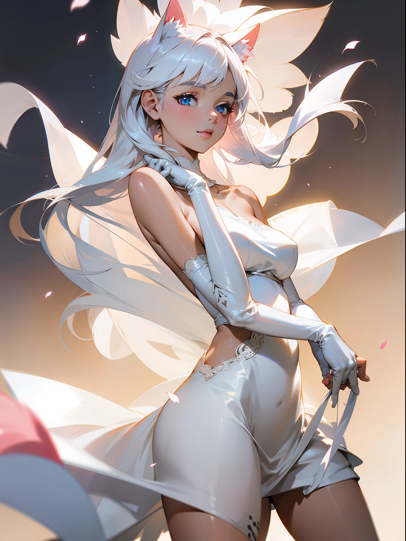 best quality, masterpiece, highly detailed, 1girl, solo, Transparent white skin, mature woman, sister, close to viewer, White hair, silver hair, bare shoulder, Shoulderless Dresses, wedding dress, white dress, white lace dress, white lace long skirt, elbow gloves, cat ears, cat tail, rational, bangs, very long hair, light smile, streaked hair, beautiful silver long hair girl, blue eyes, light pink lips, large breasts, delicate face, delicate hands, calm, flower background, petal dancing, Rich Lighting