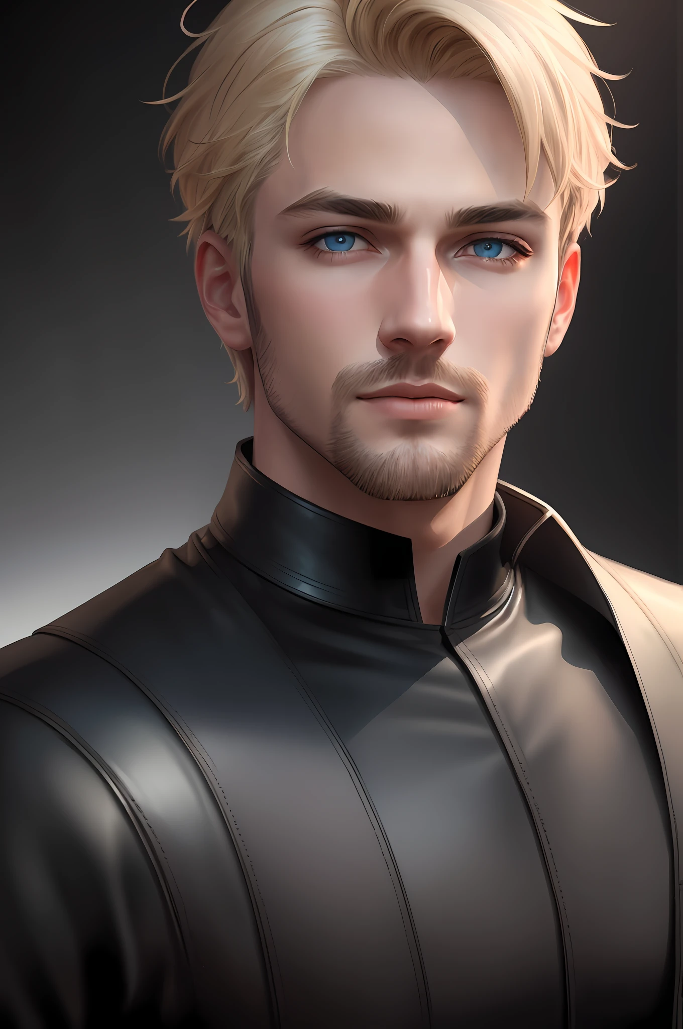 blonde man, blue eyes, short hair, thin beard on chin, wearing casual and modern black leather clothes, masterpiece, best quality, highest quality, cinematic lighting, (volumetric lighting), extremely detailed CG 8k wallpaper unit, focused, 8k wallpaper, 4k wallpaper, extremely detailed, ultra realistic, photorealistic, sharp focus, absurd, (HDR: 1.2),  (high contrast), photography, detailed and intricate, instagram, portrait, highly detailed, digital painting, artstation, concept art, smooth, sharp focus, illustration, cinematic lighting,