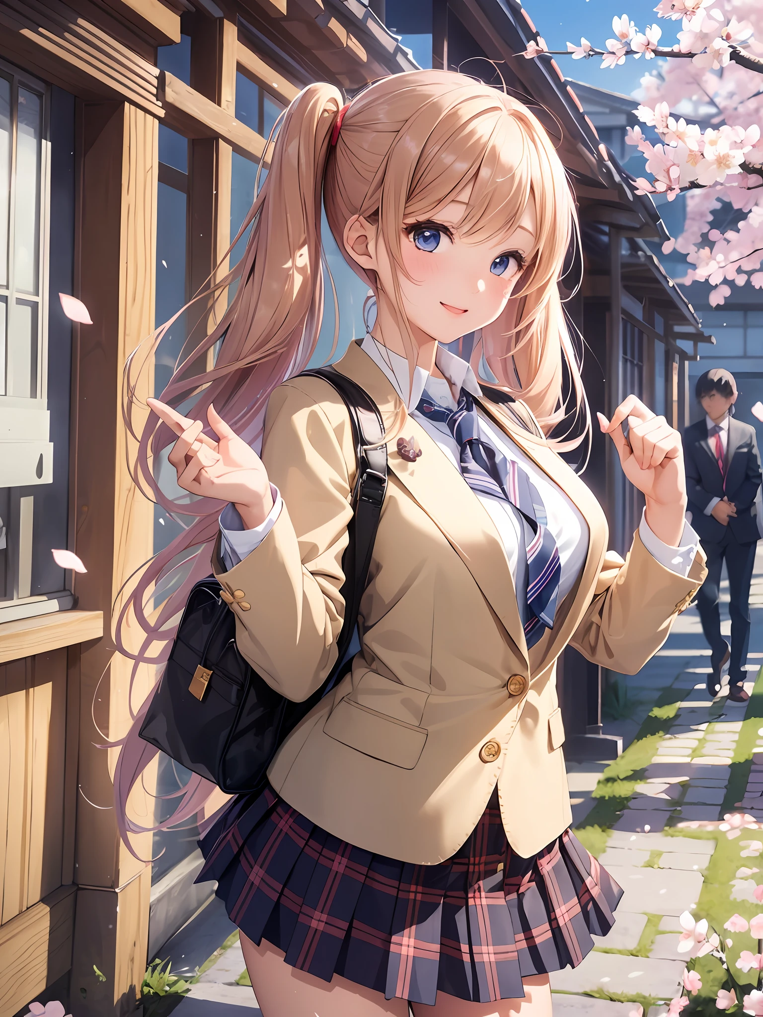 Absurdity, High Resolution, Ultra Detail, (1girl:1.4),Clear and Clean,pixiv (Illustration),1 Woman,Very Cute and Beautiful Woman,8k, Ultra Quality,Hyper Detailed、Super Fine Illustration、Perfect Anatomy、Cartoon,Composition,Professional lighting, front, low angle, standing, daylight, daytime, Japan school, graduation, cherry blossoms, cherry blossom petals fluttering, schoolgirl, blazer, checked skirt, gold medium hair, twin tails, big blue eyes, radiant smile, big waving one hand, constricted waist, student bag, black socks, brown loafers, black choker,