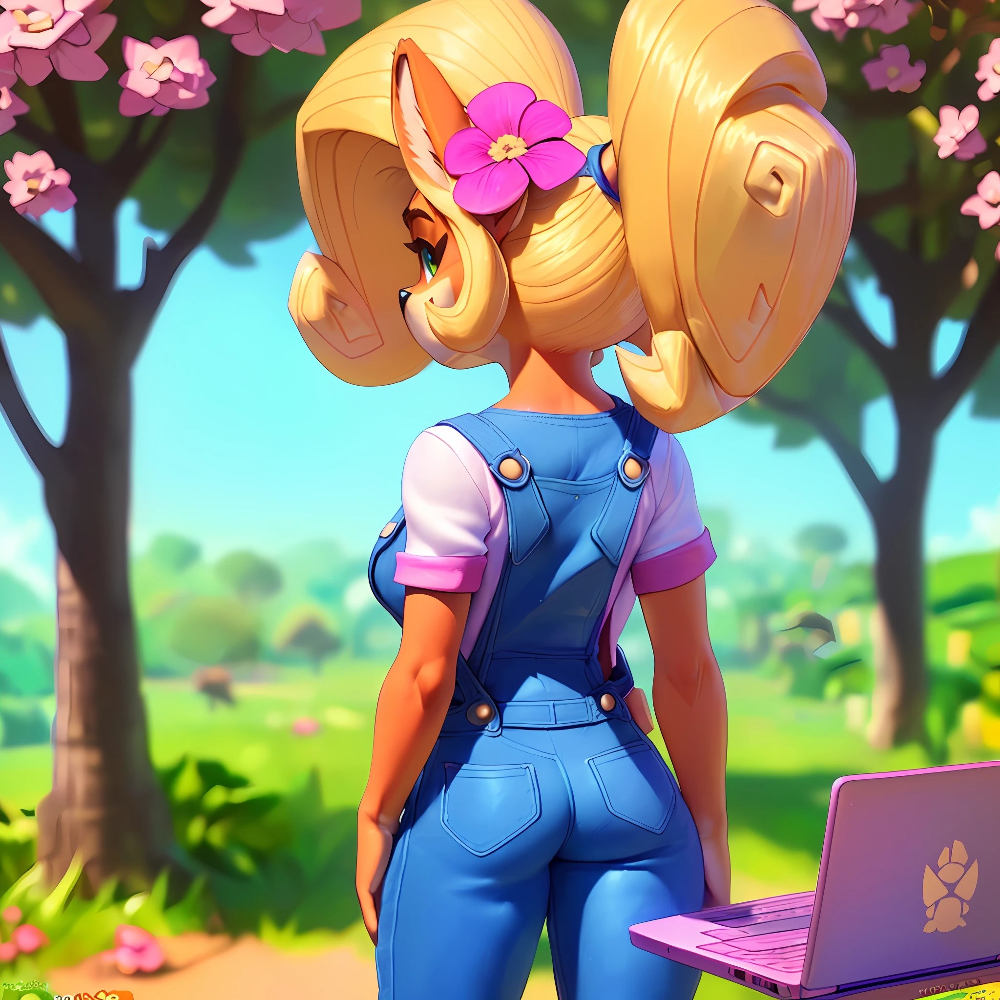 [Coco bandicoot], [Uploaded to e621.net; (Pixelsketcher), (wamudraws)], ((masterpiece)), ((solo portrait)), ((behind view)), ((furry; anthro)), ((detailed fur)), ((raytracing)), ((detailed shading)), ((beautiful 3D art)), {anthro; (orange fur, black nose, pointed ears), cute green eyes, (blonde hair; curly ponytail), happy smile, (white shirt, small boobs, blue denim overalls, sexy ass), (pink flower in hair), pink sneakers}, ((standing; pink laptop on hip) attractive pose), [background; flower plains; (trees, sun rays through trees)]