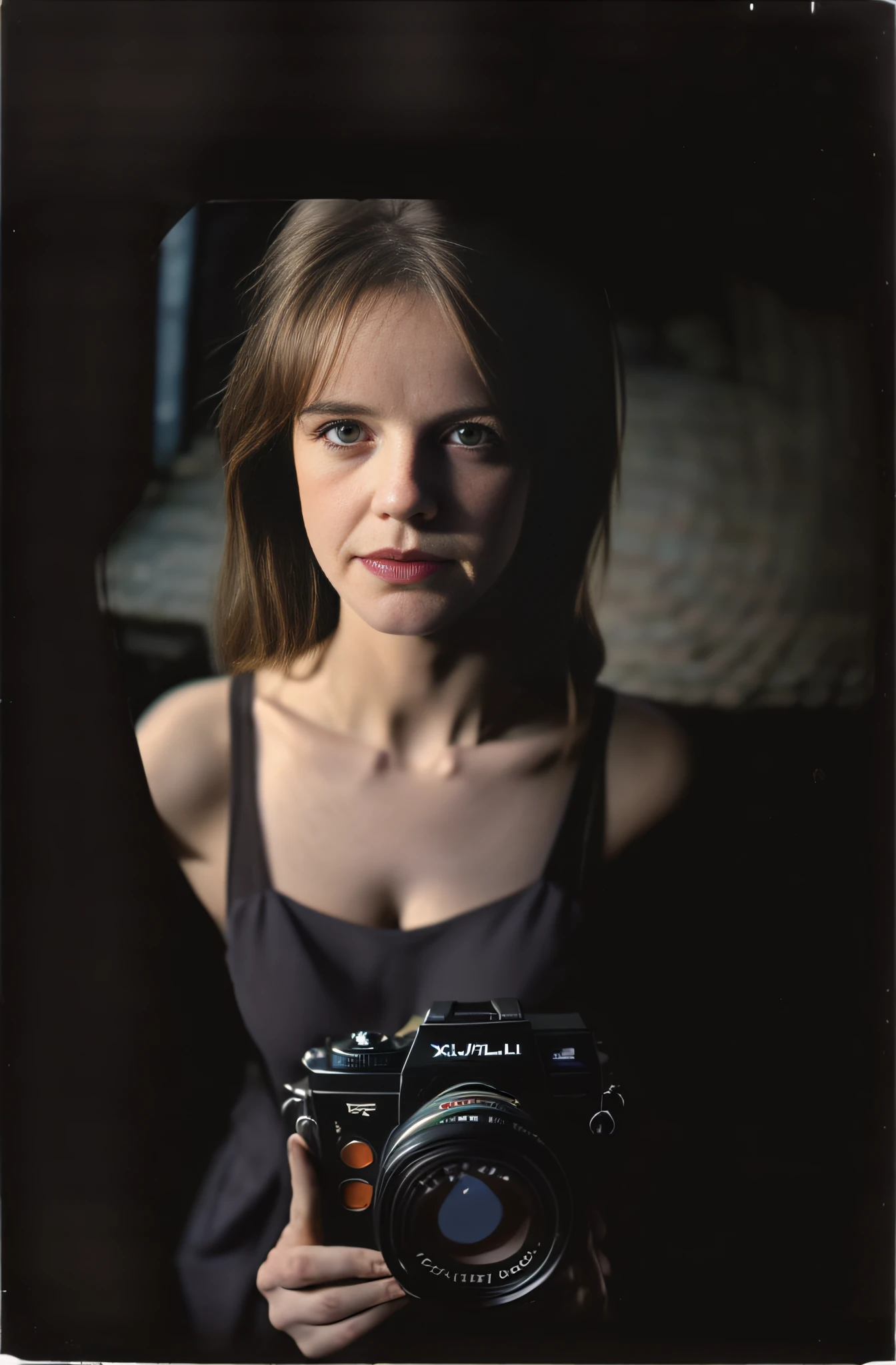 full body instant Polaroid of twenty year old woman (slim:1.1) beautiful woman, looking into camera, (fisheye lens:1.3),candid photograph, (dimly lit spooky alleyway:1.3), (dark shot:1.7), photo-realistic, (film grain:1.4), (masterpiece:1.2), sharp image, analogle, award winning photo, best quality,(shot with kodak 400:1.3), sharp,skin pores, (sunkissed freckles on face:0.6), Photo by sally field in color, (shot on Fujifilm X-T4:1.2), angular jawline, high cheekbones, large dull hazel eyes, ( film imperfections:1.2)