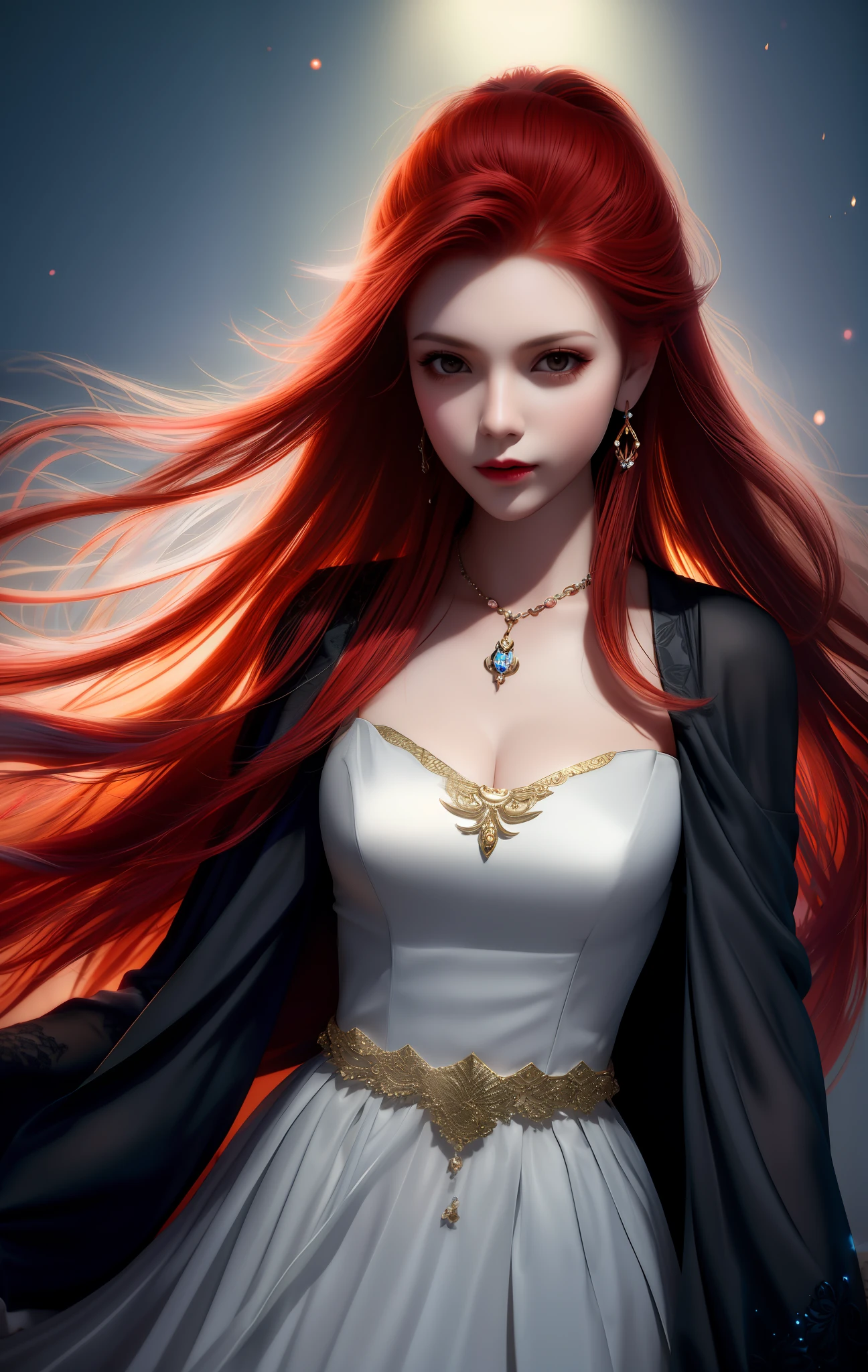 vampire, best quality, masterpiece, high definition, 1 girl, porcelain dress, red hair, hair ornament, necklace, jewelry, pretty face, on the body, Tyndall effect, photorealistic, dark studio, rim lighting, two-tone lighting, (high skin detail: 1.2), 8k uhd, dslr, soft lighting, high quality, surround lighting, candid, photography, high resolution, 4k, 8k, bokeh