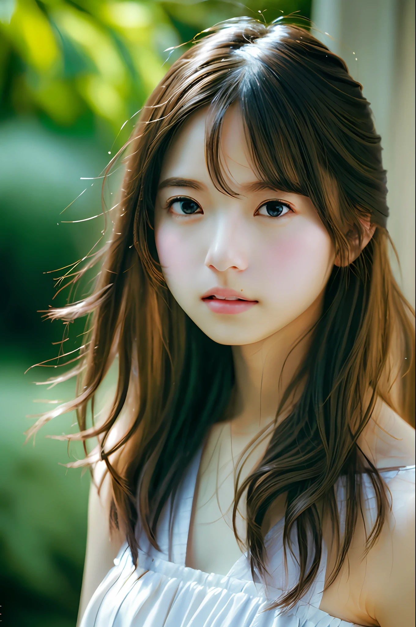 film portrait photography, 1girl, bare shoulders, wavy shoulder-length hair, serene, calm, (realistic detailed eyes, natural skin texture, realistic face details), soft dramatic lighting, depth of field, bokeh, vibrant details, finely detailed, hyperrealistic, 35mm film, hazy blur, filmg,
