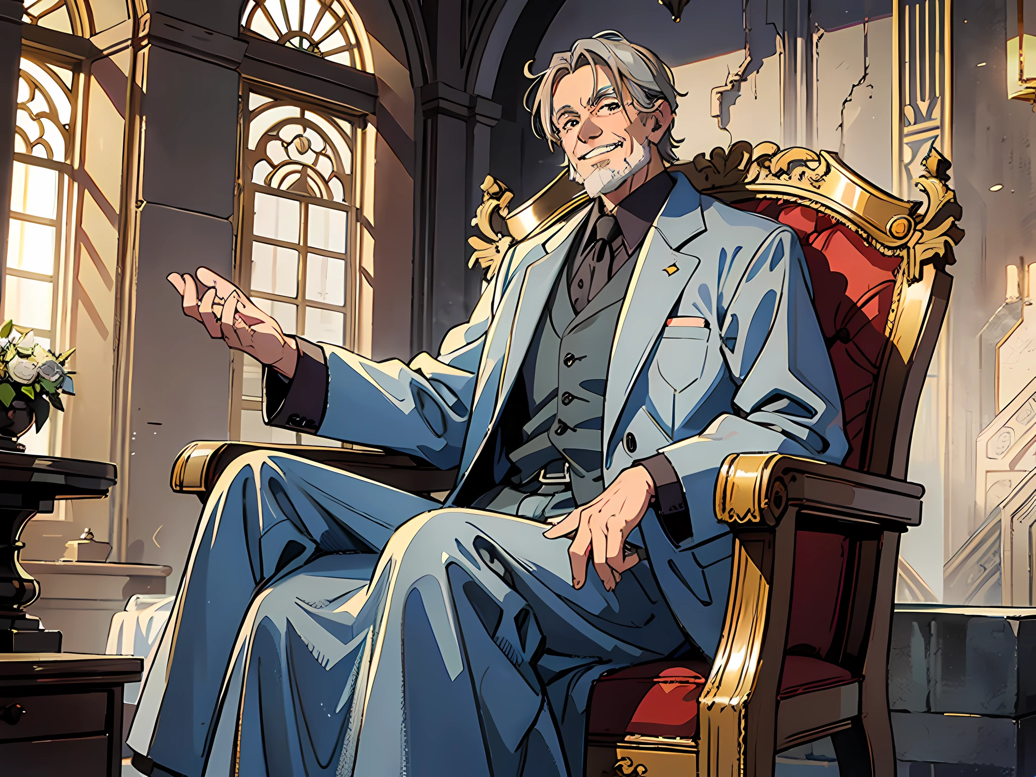 1 old man, man, gray hair, wrinkled, sitting on a throne, smiling, luxurious palace in the background