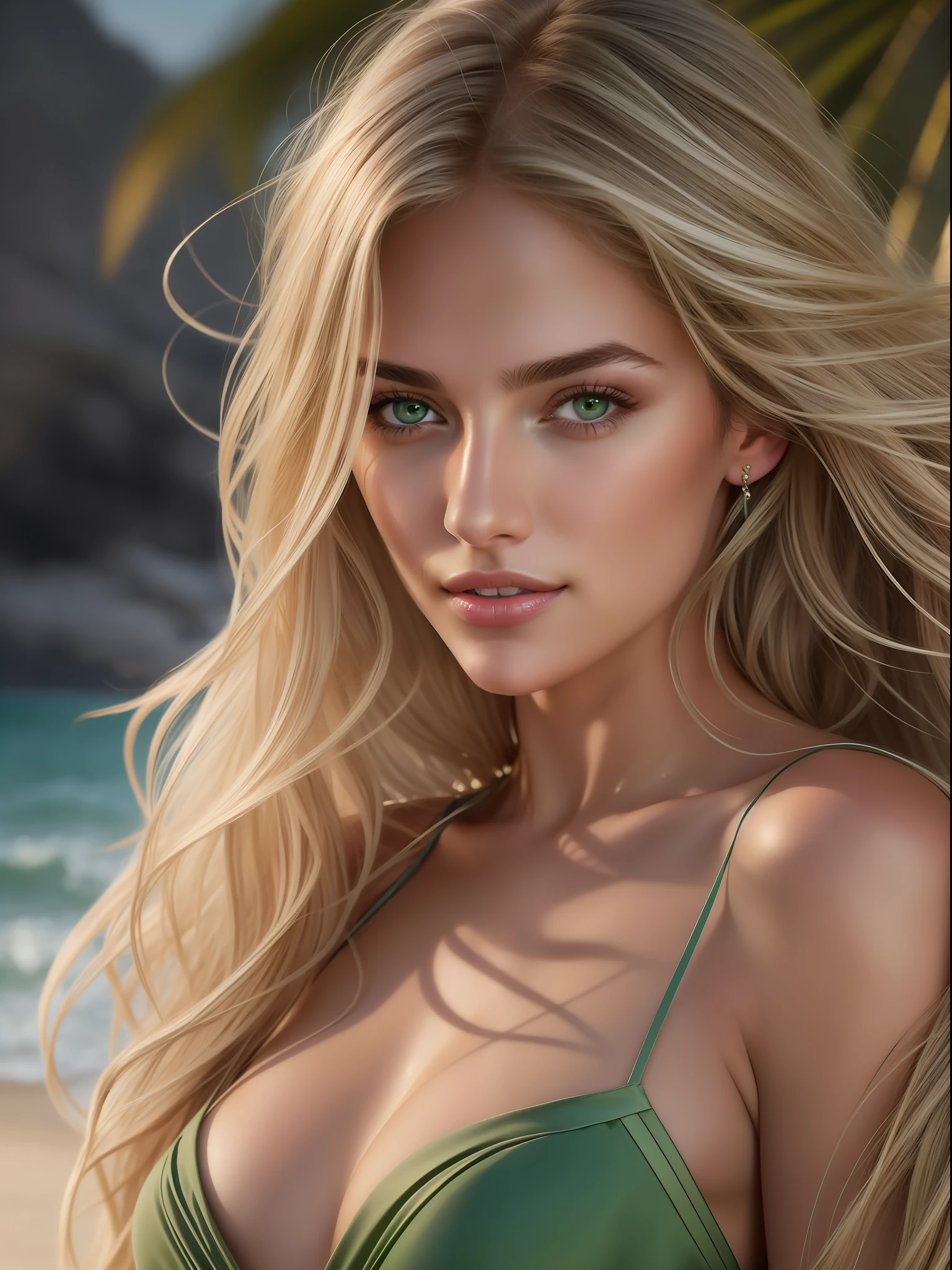 Cinematic soft lighting illuminates a stunningly detailed and ultra-realistic beautiful Greek supermodel, beach look, long messy windy dark blonde hair, clear green eyes, captivating perfect smile, sensual, hot woman, gorgeous, that is trending on ArtStation. Octane is the perfect tool to capture the softest details of this 16k photography masterpiece.