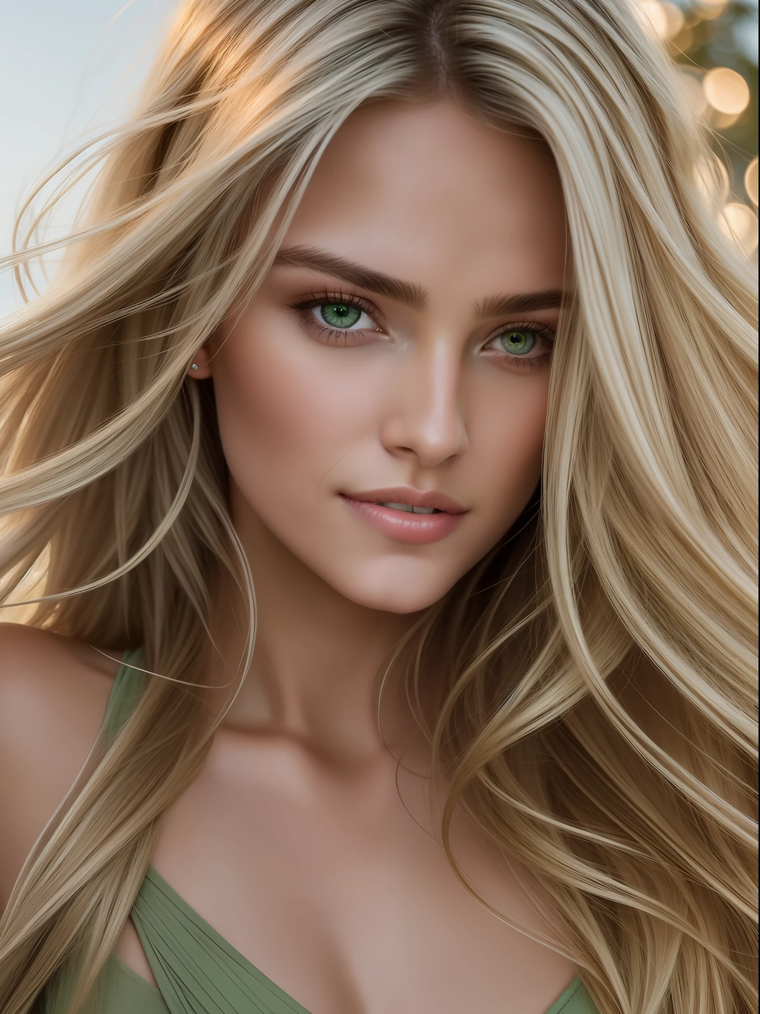 Cinematic soft lighting illuminates a stunningly detailed and ultra-realistic beautiful Greek supermodel, beach look, long messy windy dark blonde hair, clear green eyes, captivating perfect smile, sensual, hot woman, gorgeous, that is trending on ArtStation. Octane is the perfect tool to capture the softest details of this 16k photography masterpiece.