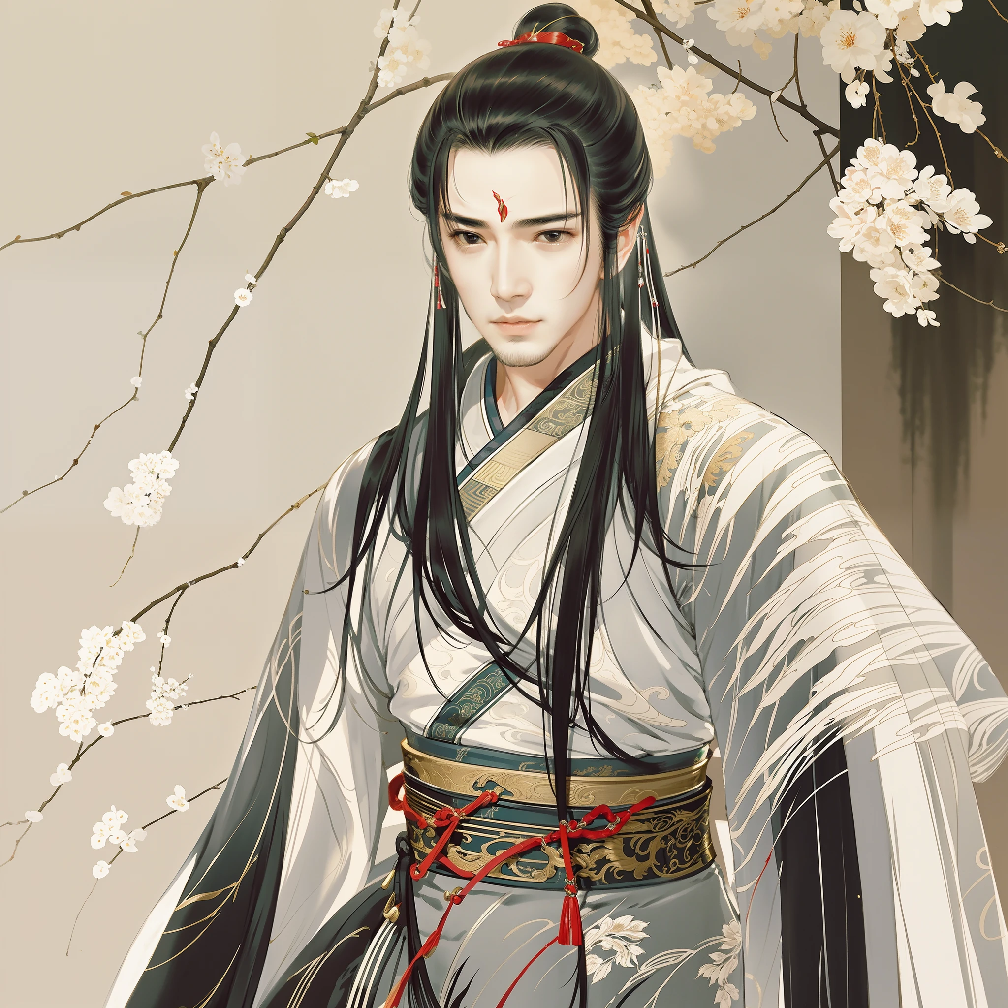 An ancient Chinese handsome man with sharp eyes, clear facial features, wearing Hanfu, fighting, mysterious temperament, clear face, beautiful eyes, trees, masterpiece, super detailed, epic composition, super HD, high quality, highest quality, 32k