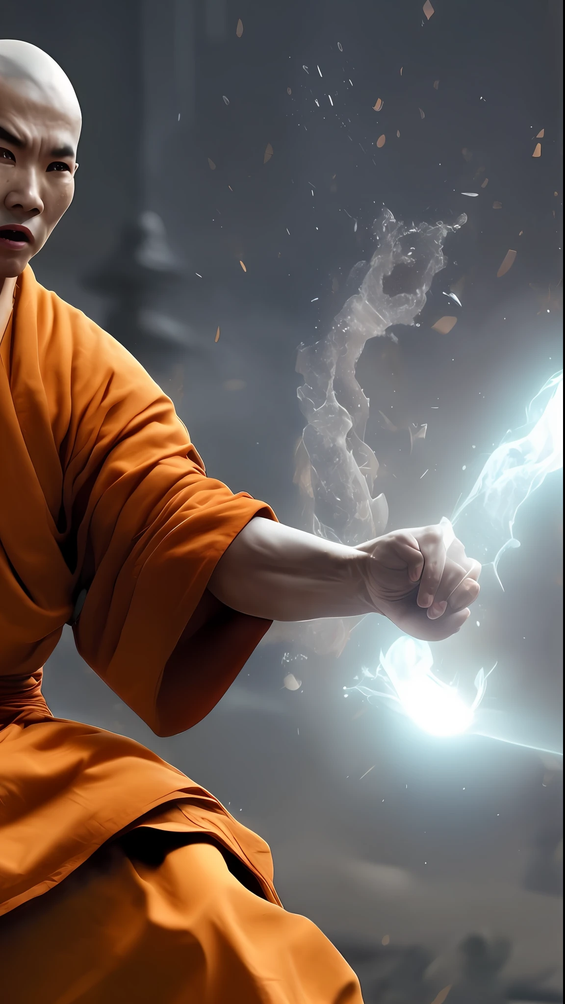 . Shaolin monk hyper - detailed, make a super power fist and destroys the world, cinematic 8k