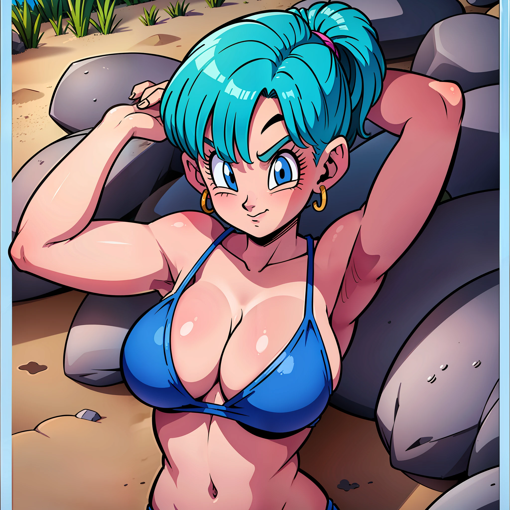 Bulma, sketch, 1girl, solo, breasts, bikini, bangs, beach, Dragon ball z, stripping, colored box background, big breasts, cleavage