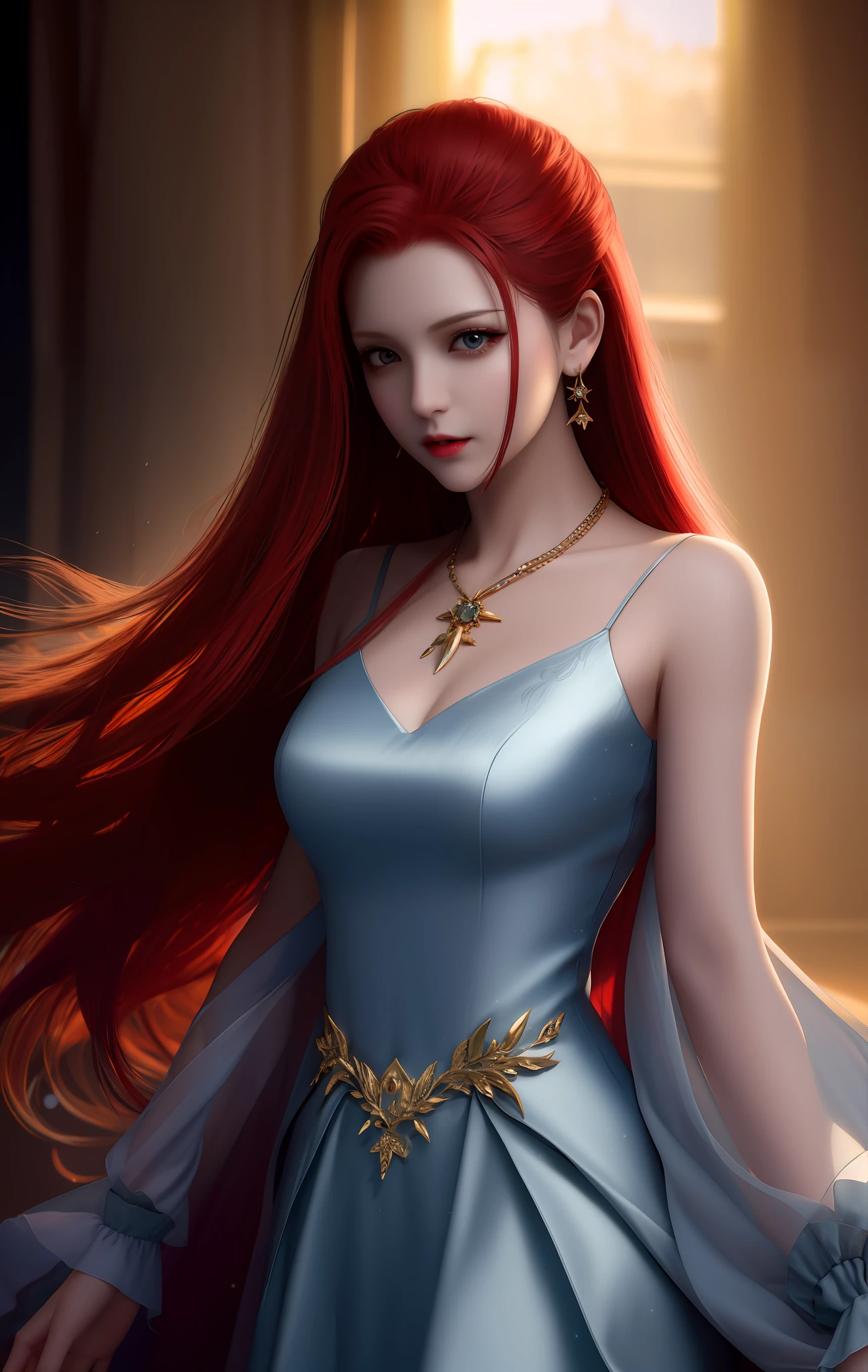 vampire, best quality, masterpiece, high definition, 1 girl, porcelain dress, red hair, hair ornament, necklace, jewelry, pretty face, on the body, Tyndall effect, photorealistic, dark studio, rim lighting, two-tone lighting, (high skin detail: 1.2), 8k uhd, dslr, soft lighting, high quality, surround lighting, candid, photography, high resolution, 4k, 8k, bokeh