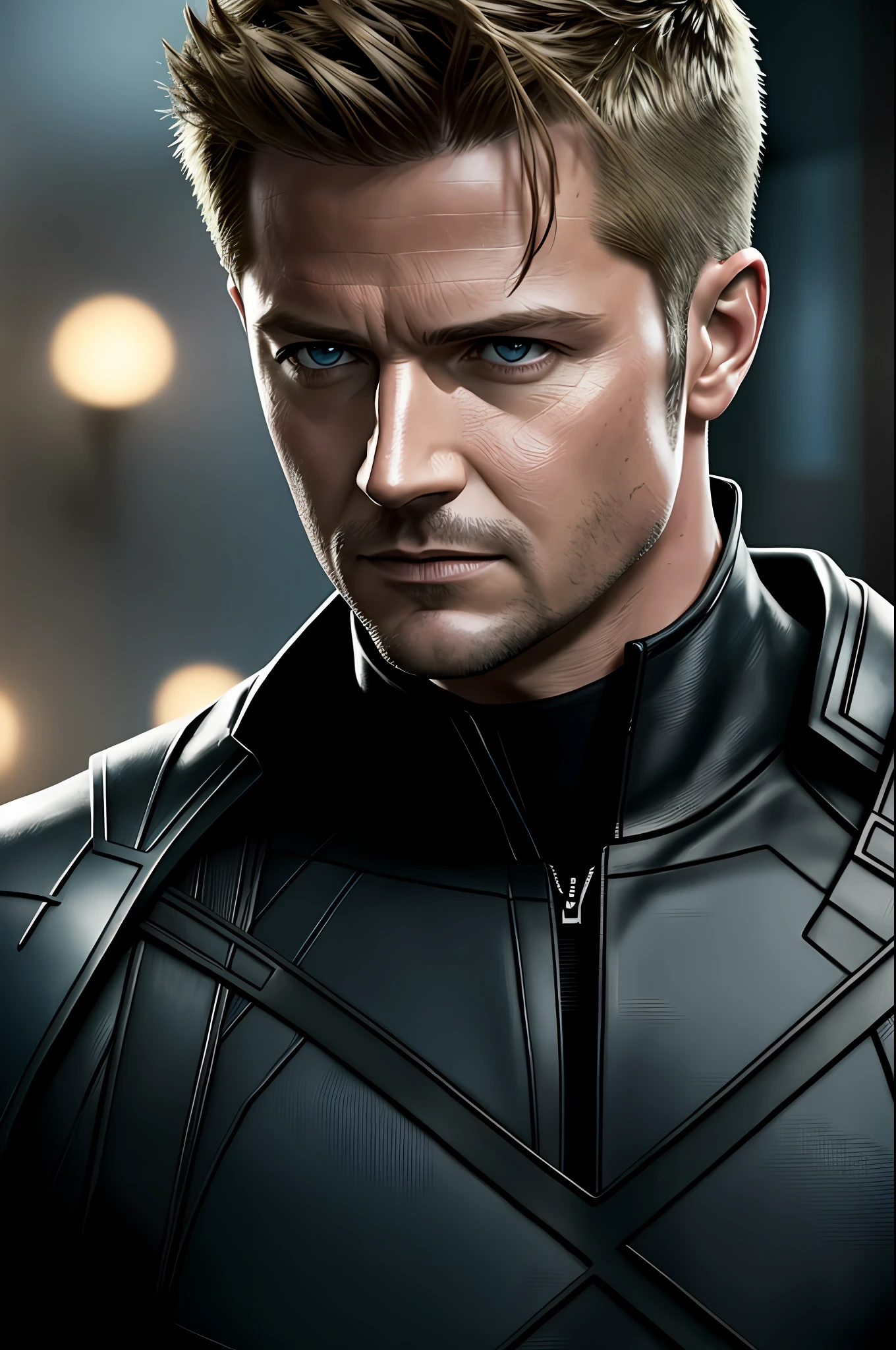 masterpiece, best quality, realistic, photorealistic, half body shot of Hawkeye, marvel cinematic, detailed face, 8k, uhd, sharp focus