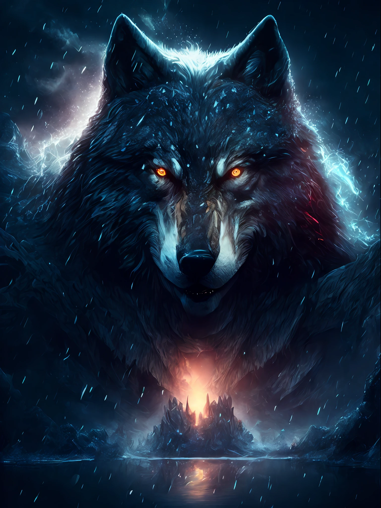Wolf God, surreal, tense, cold, highly detailed, sharp, professional, 8k UHD, movie, dark, violent, outdoor, river, battle, chase, dramatic, vivid, tense atmosphere, rendering, epic, twilight, HDR, album cover, blizzard, lightning, disaster