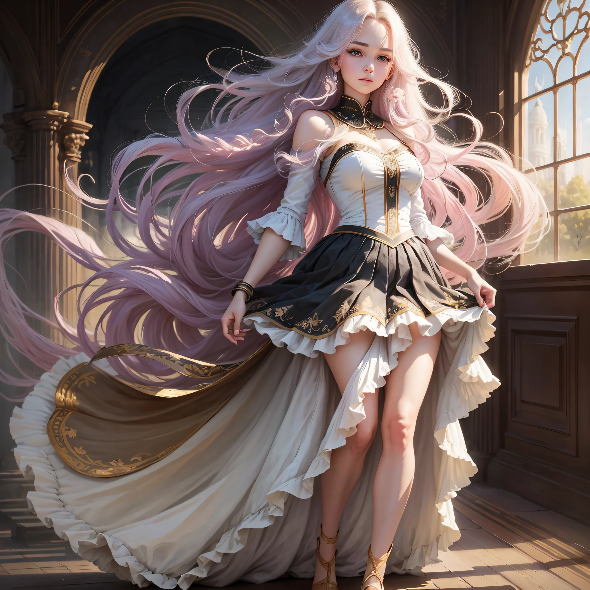 Soft light, gentle beauty, flowing long hair, full body portrait, wearing a skirt