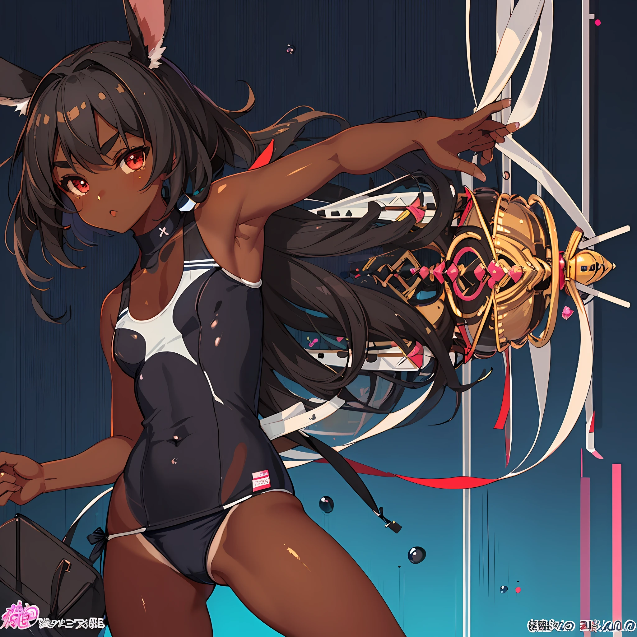 (dark skin:1.1), tanlines, (school swimsuit tan:1.2),small, female brat, thick eyebrows, thin waist, pigtails, beautiful blonde, braid, rabbit ears, (masterpiece), ((best quality)), (super detailed), girl, clean and detailed face, five fingers, textile shading, perfect human body structure, perfect anatomy,