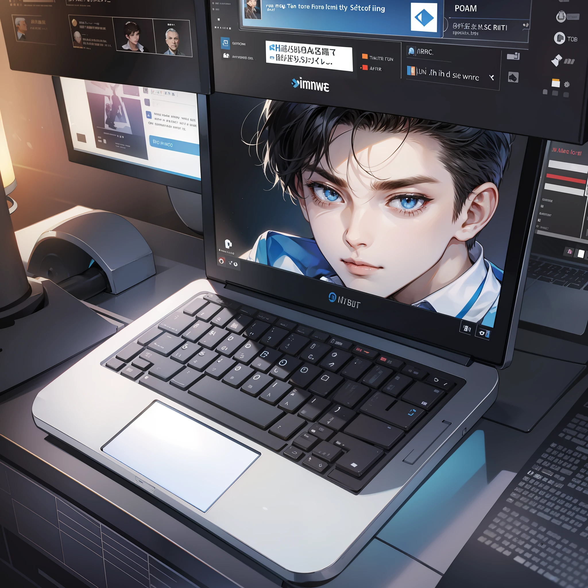 On the computer screen, the news message has a man's avatar on it