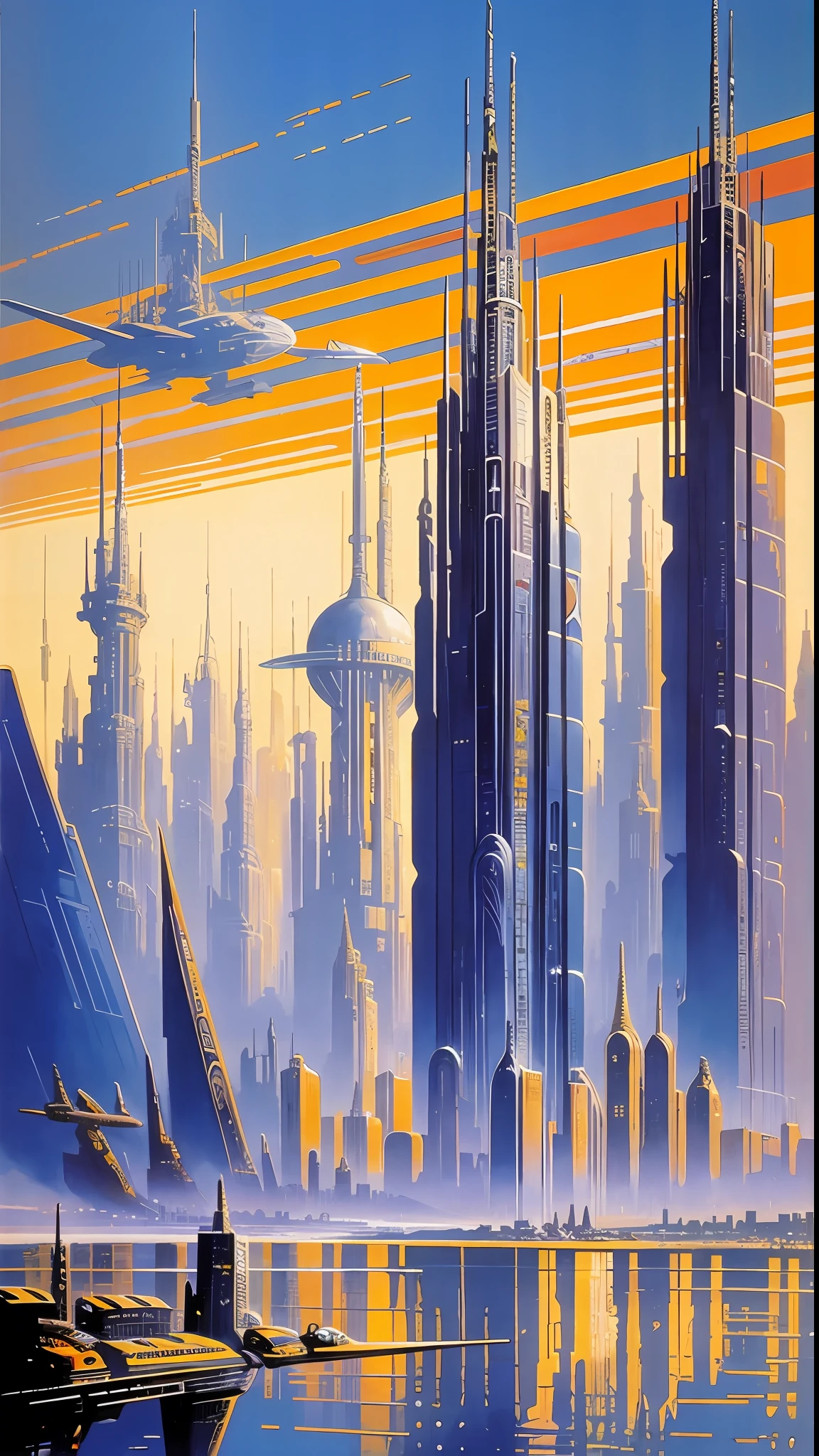 By Robert McCall, retrofuturistic city skyline, high resolution, masterpiece, HD,