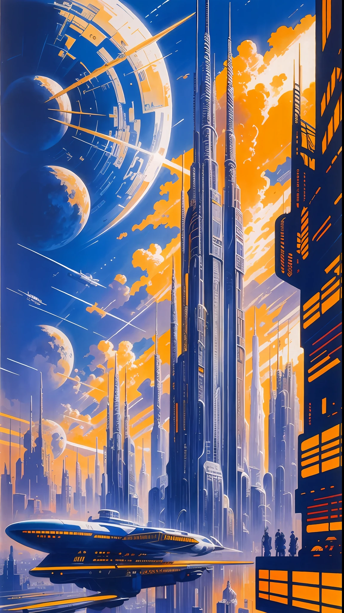 By Robert McCall, retrofuturistic city skyline, high resolution, masterpiece, HD,