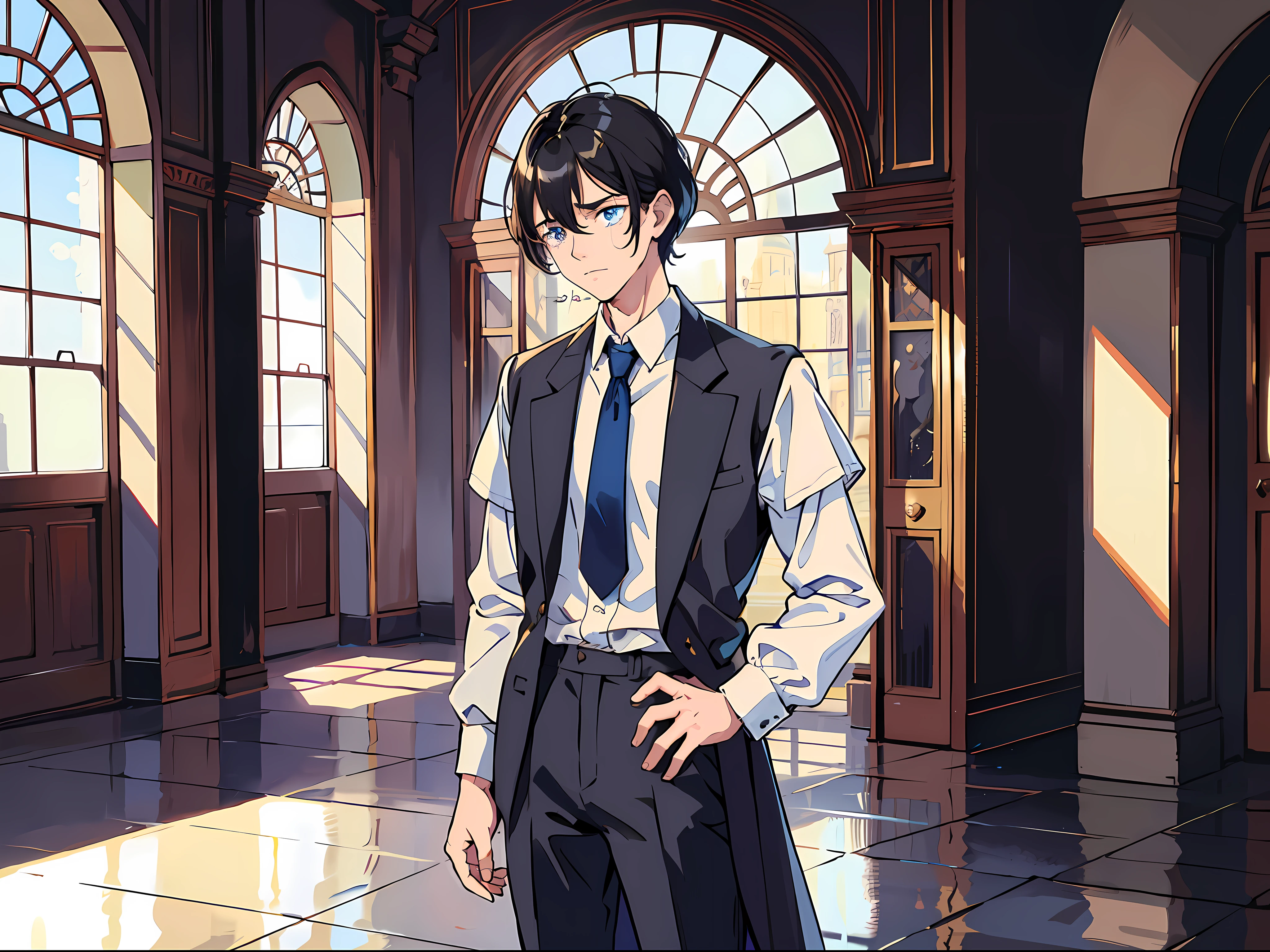 Man, handsome, black hair, blue pupils, white shirt, standing inside the palace, grievances, tears, crying, surrealism