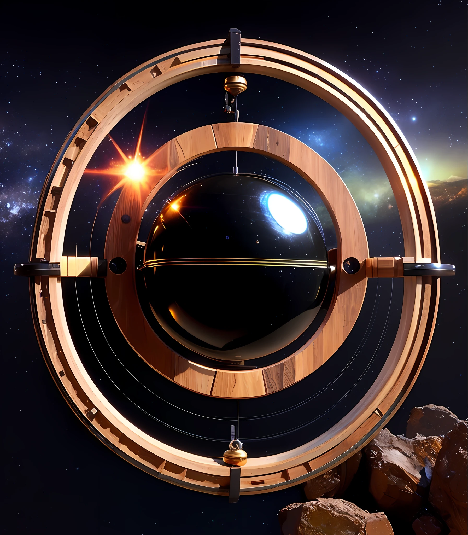 Small Stellar Scifi Black Sphere, steel wheels with wooden rings, made in 1970, renovated, wiring, obsidian texture, an old, an ethnographic object, vintage!, a picturesque, gadget, ancient, very coherent image, Peter greco style, Chris Moore style, John Berkey style