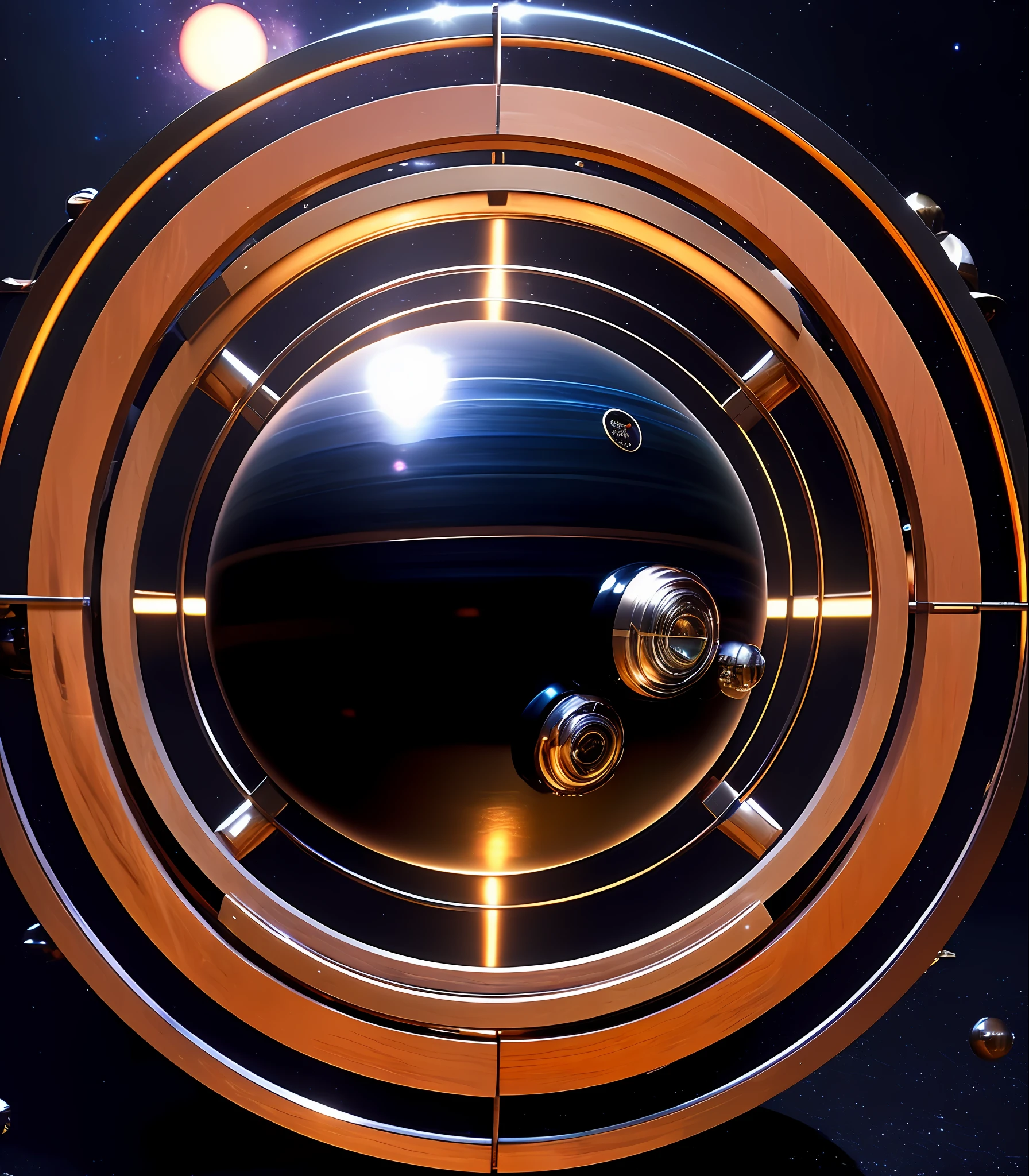 Stellar black scifi sphere, , steel wheels with wooden rings, made in 1970, renovated, wiring, an old, an ethnographic object, vintage!, a picturesque, gadget, antique, very coherent image, strong rim light, Peter greco style, Chris Moore style, John Berkey style
