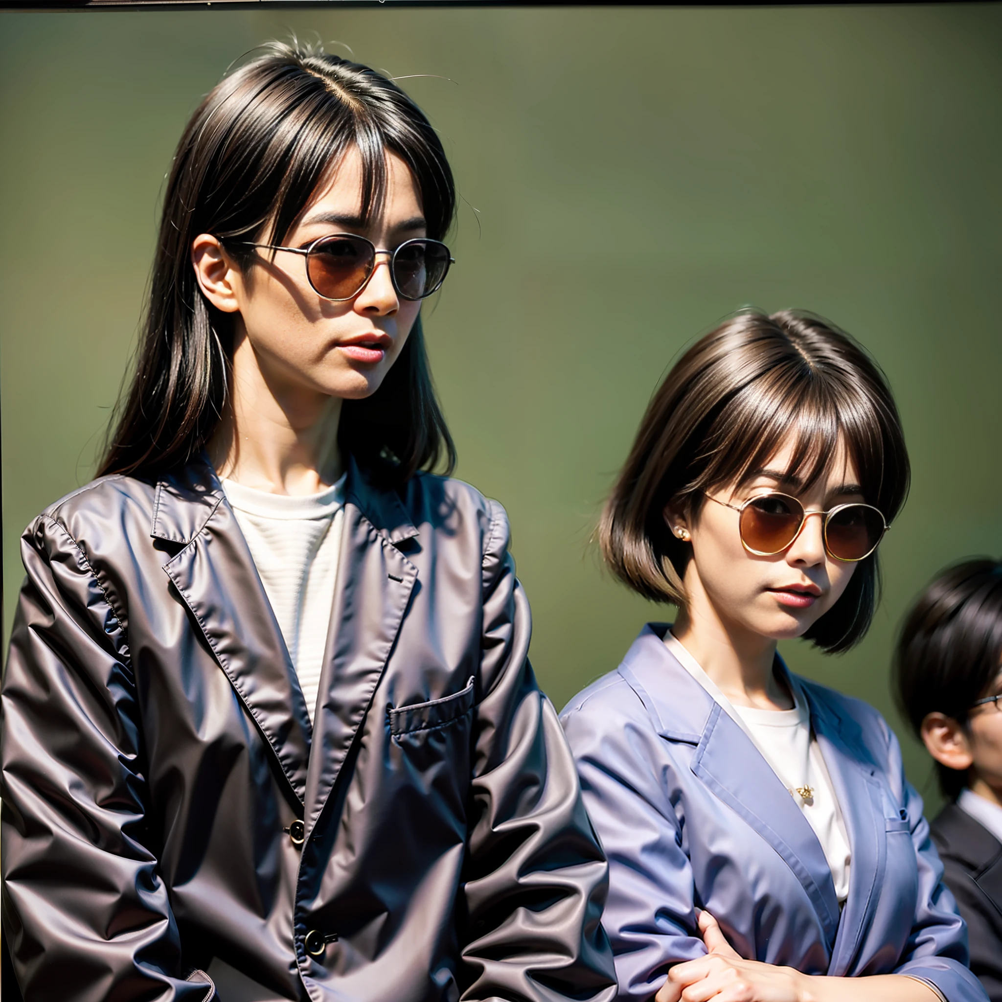 middle aged japanese man, in court, wearing sunglasses and a lawyer, moderately oversized wig, awful styled wig, exuding confidence, smug expression, professional photograph