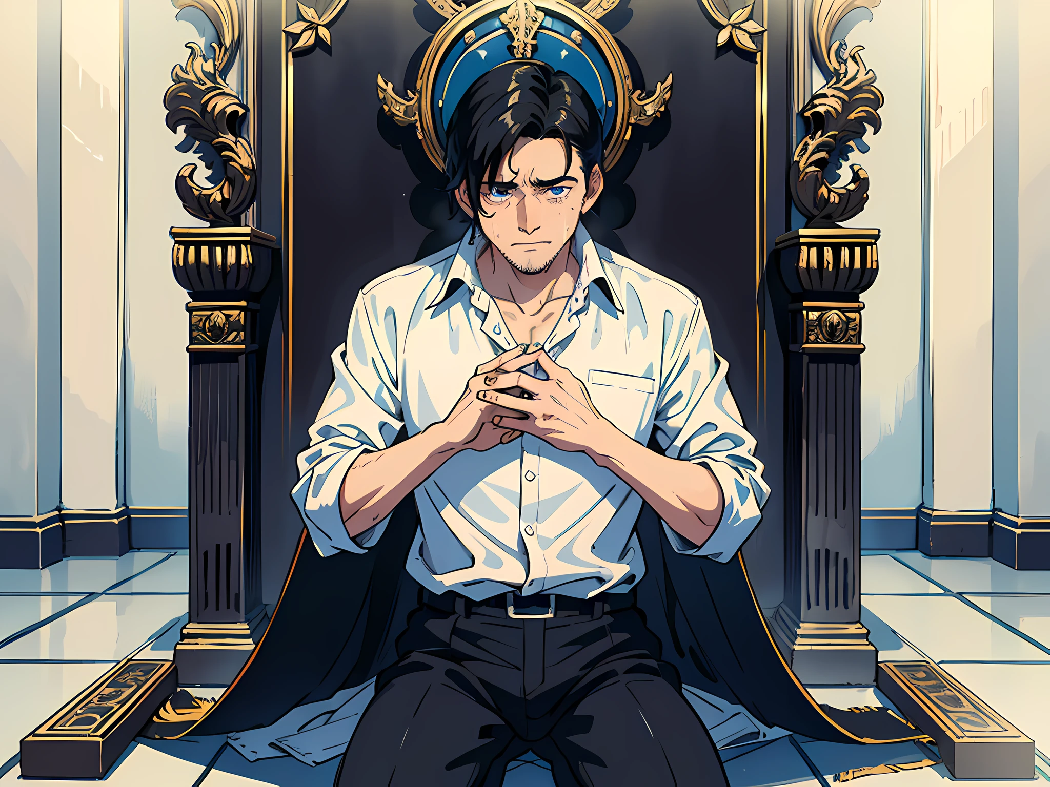 1 man holding the leg of the old man crying, handsome, black hair, blue pupils, white shirt, kneeling under the throne, grievances, tears, crying, surrealism