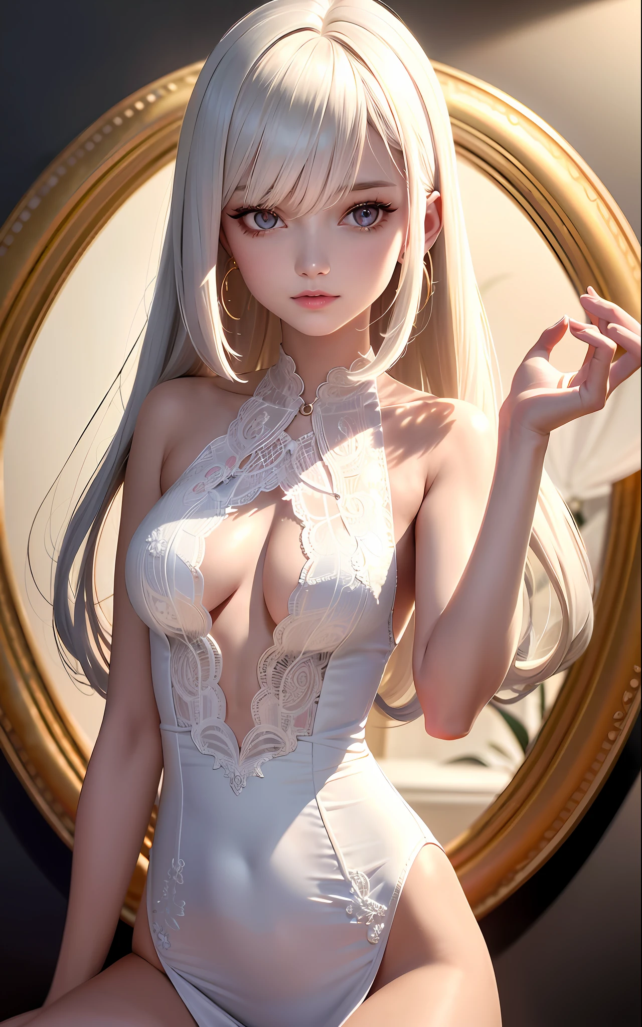 Superb and masterpiece, high resolution, best quality, UHD, super detail, award-winning, 16k, upper body, a beautiful girl, white hair, (golden eyes), hanging eye corners, variety of white clothes, hair, fair skin, slender body