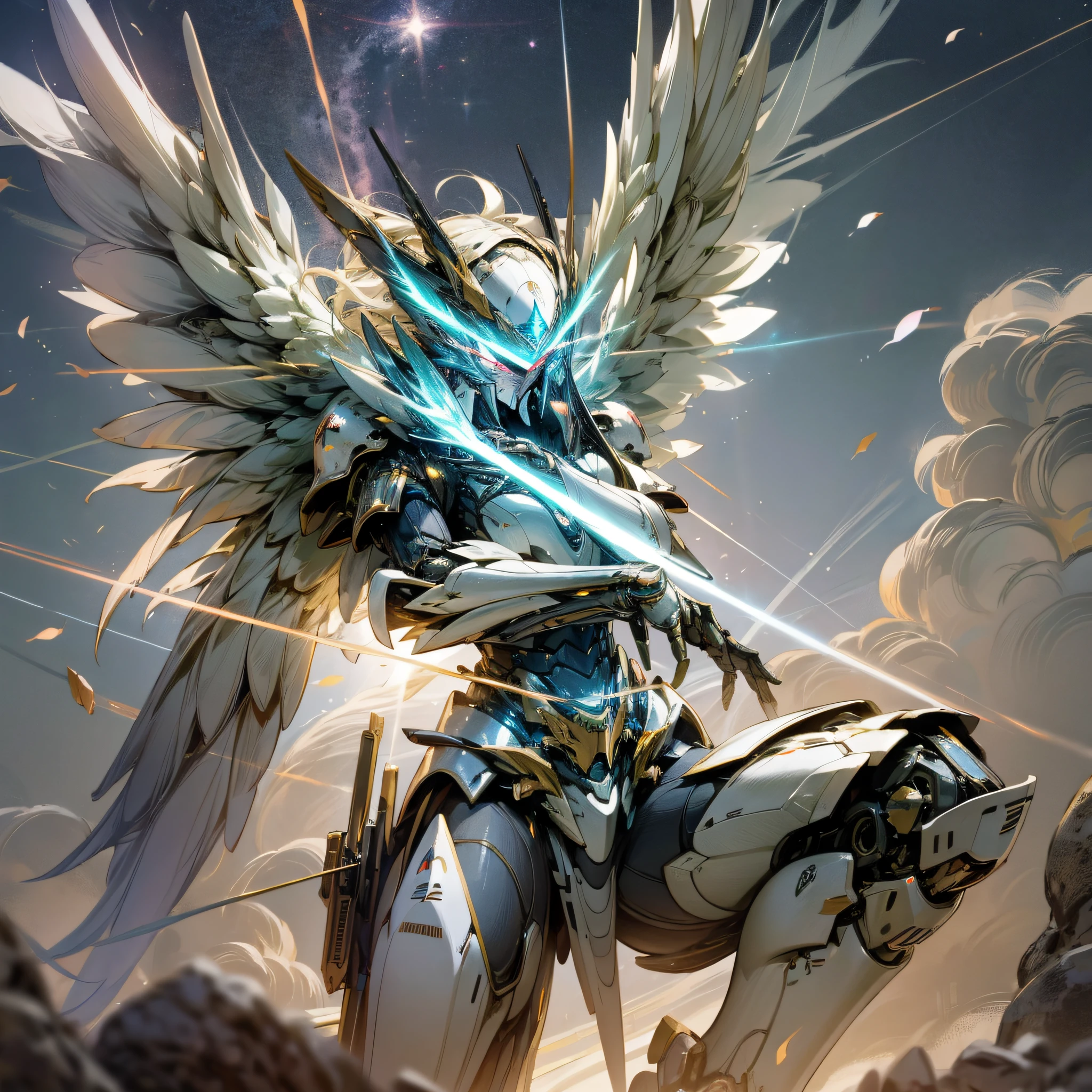 (Masterpiece, best quality: 1.3), extremely high detail, complex, 8k, HDR, wallpaper, cinematic lighting, (cosmos), gun, (shooting position), glow, armor, glowing eyes, mecha, large wings, --auto --s2