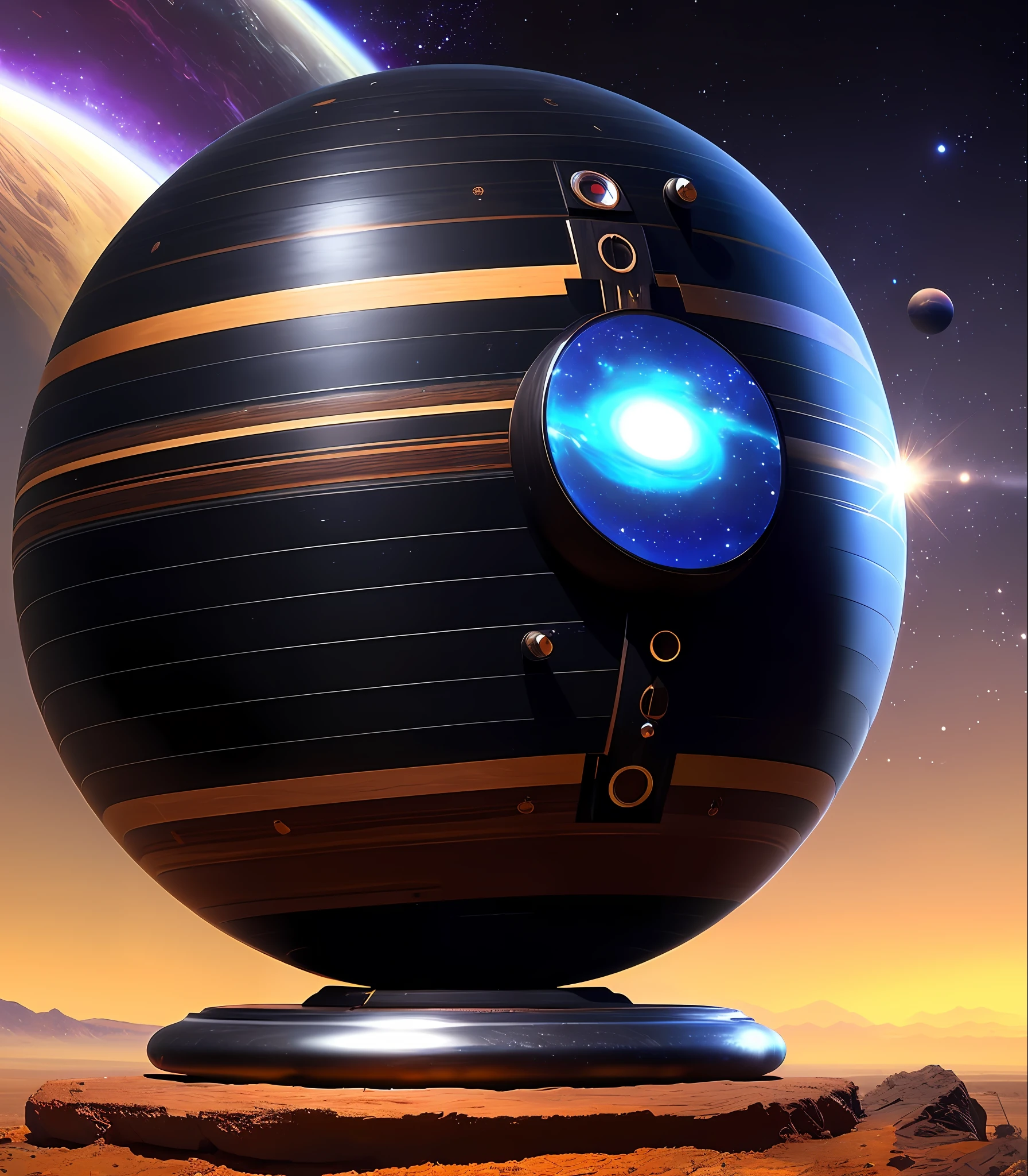 Small Stellar Scifi Black Sphere, steel wheels with wooden rings, made in 1970, renovated, wiring, obsidian texture, an old, an ethnographic object, vintage!, a picturesque, gadget, ancient, very coherent image, Peter greco style, Chris Moore style, John Berkey style