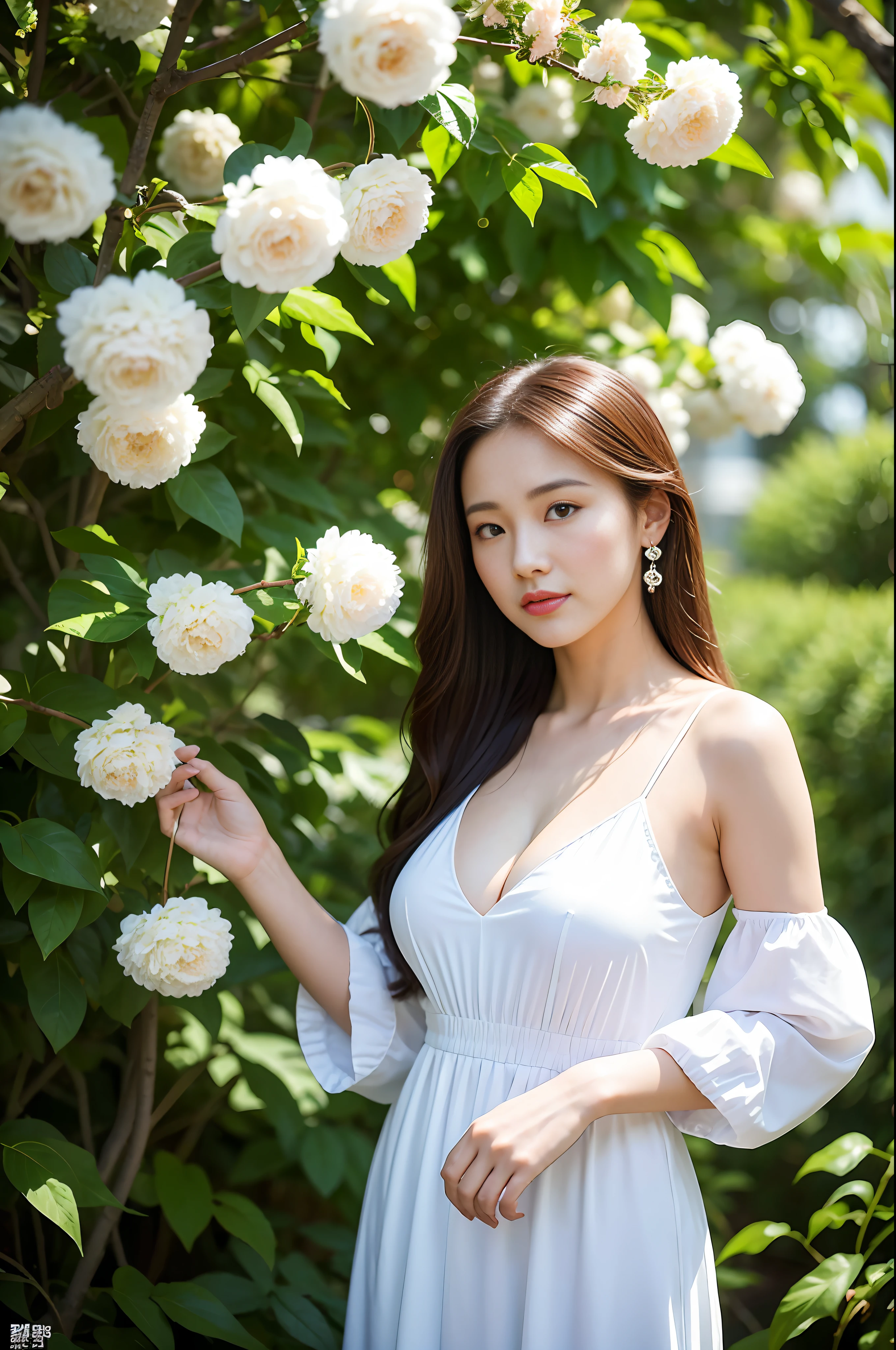 (Best quality, masterpiece: 1.2), portrait, breasts, outdoors, a 25-year-old woman named Yiping in the garden: 2, white thin summer long dress, light blue flowers in the background mess: 1.3) Same character, different costume, different angle, backlight: 1.5, rich skin details: 1.5,