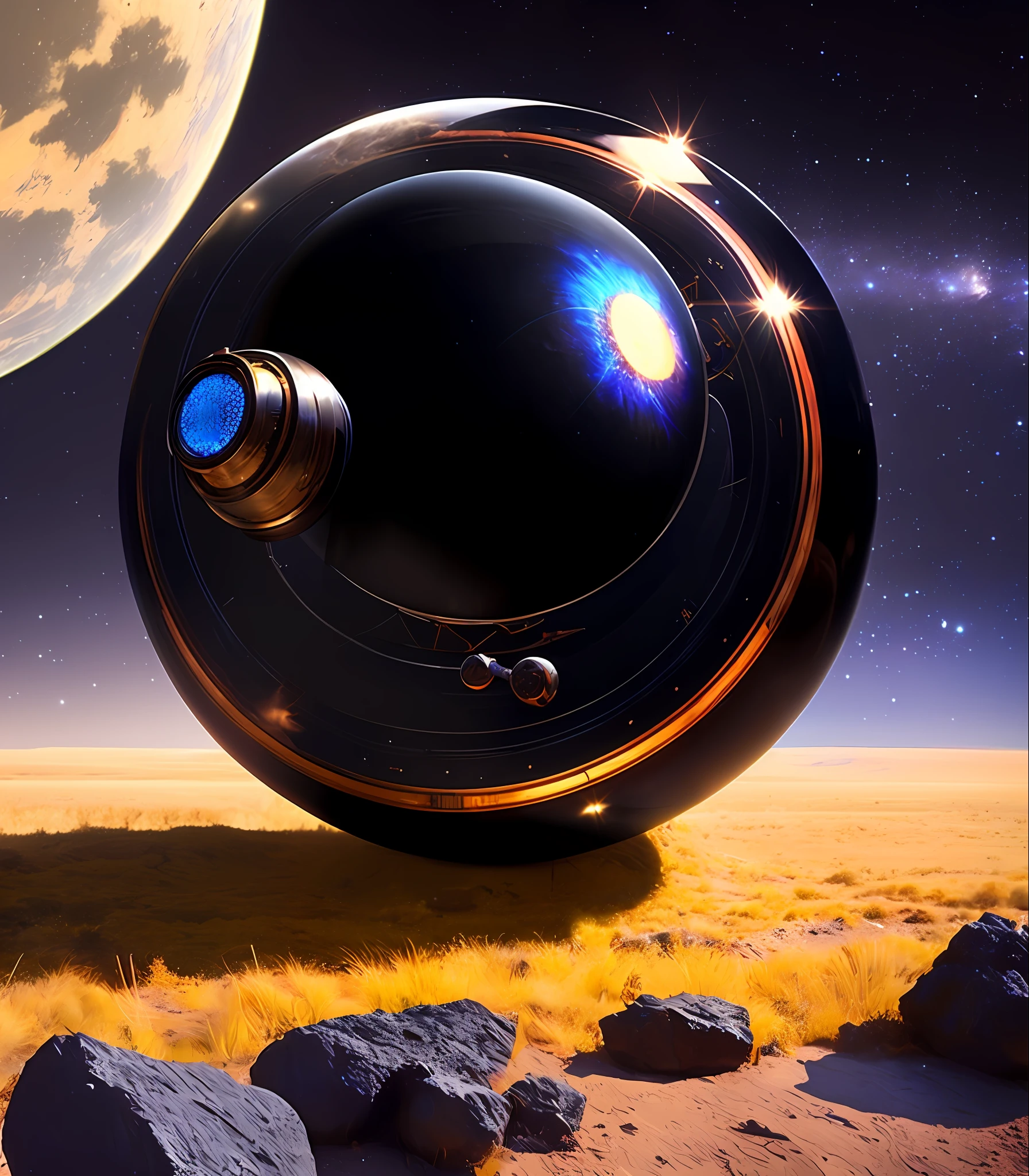 Small Stellar Scifi Black Sphere, steel wheels with wooden rings, made in 1970, renovated, wiring, obsidian texture, an old, an ethnographic object, vintage!, a picturesque, gadget, ancient, very coherent image, Peter greco style, Chris Moore style, John Berkey style