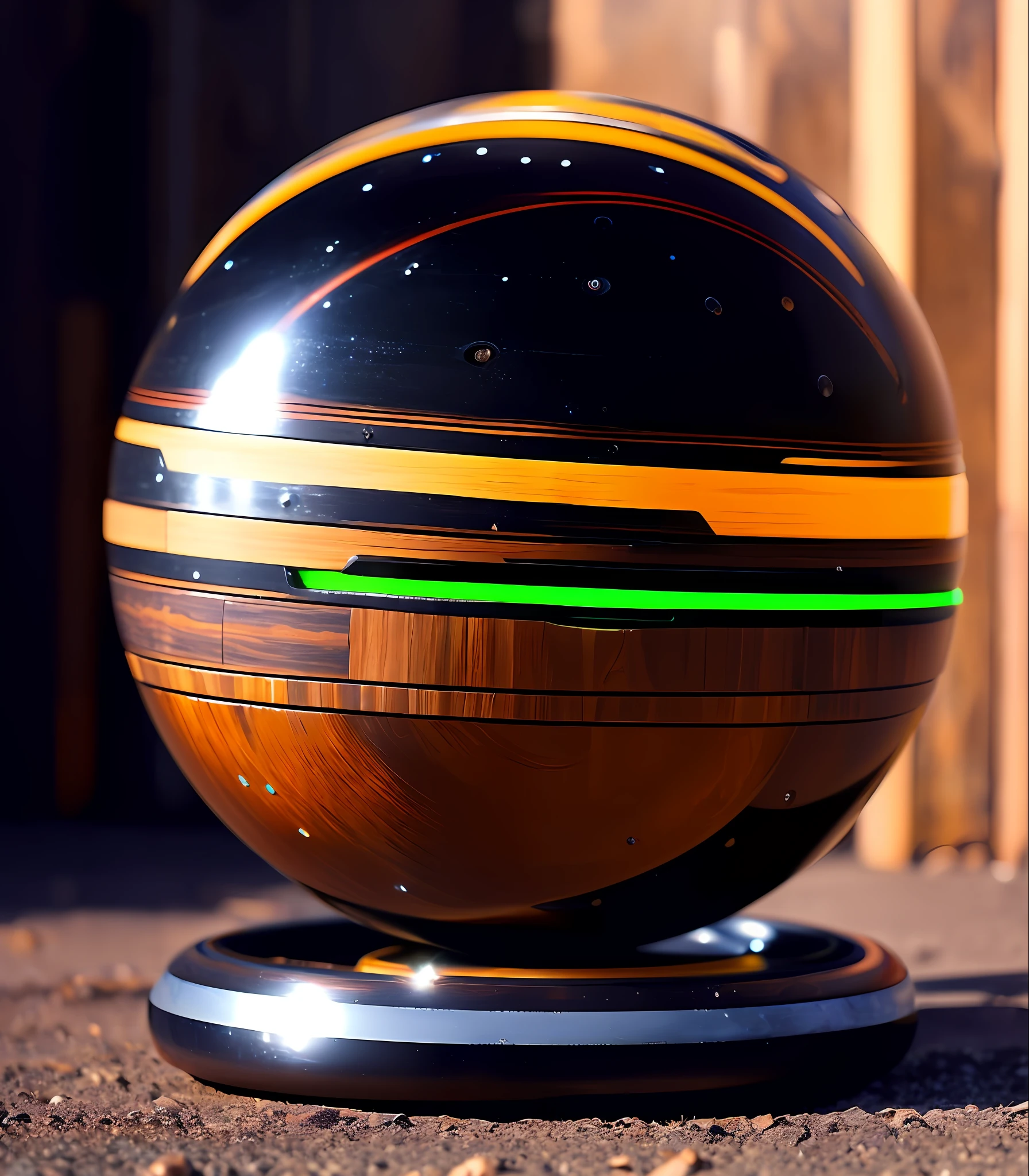 Small black sphere scifi, steel wheels with wooden rings, made in 1970, renovated, wiring, obsidian texture, an old, an ethnographic object, vintage!, a picturesque, gadget, ancient, very coherent image, Peter greco style, Chris Moore style, John Berkey style