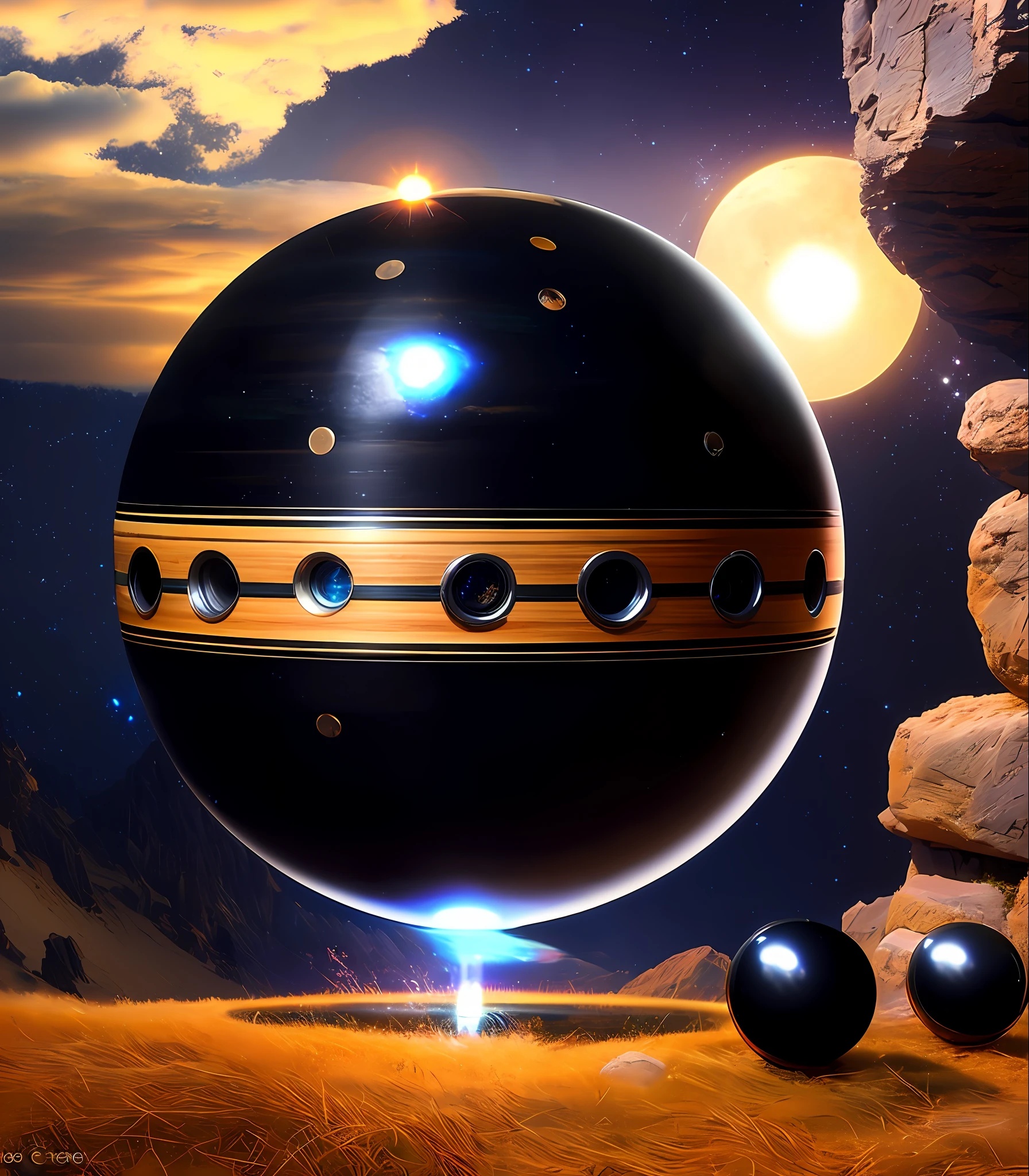 Small Stellar Scifi Black Sphere, steel wheels with wooden rings, made in 1970, renovated, wiring, obsidian texture, an old, an ethnographic object, vintage!, a picturesque, gadget, ancient, very coherent image, Peter greco style, Chris Moore style, John Berkey style