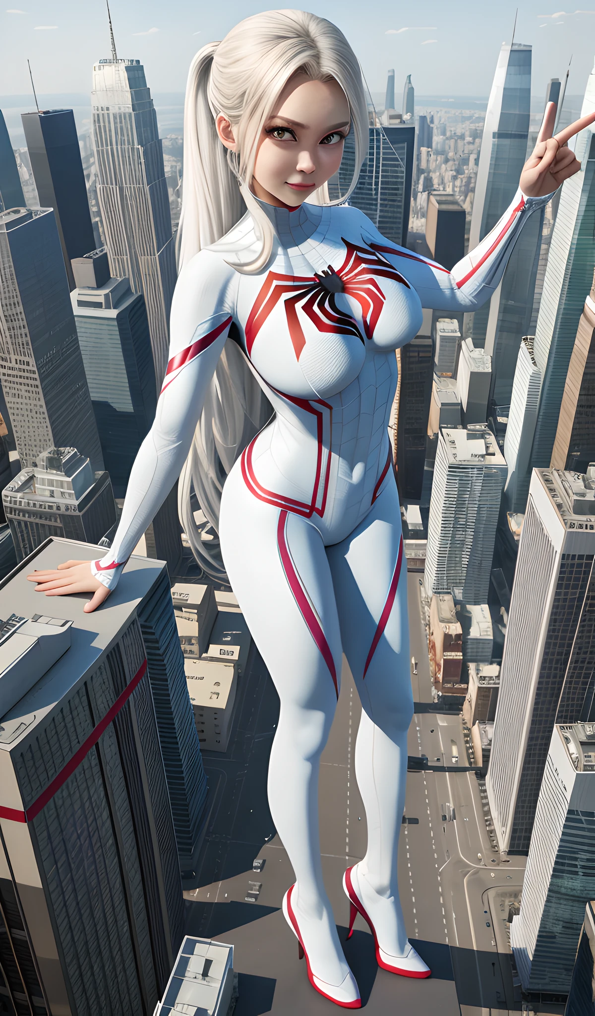 4k, realistic, charismatic, very detail, cute girl on top city, wearing spiderman costum,no mask , she is a spiderwoman, white super hero theme, white long hair, 22 years old, (big breast) full body
