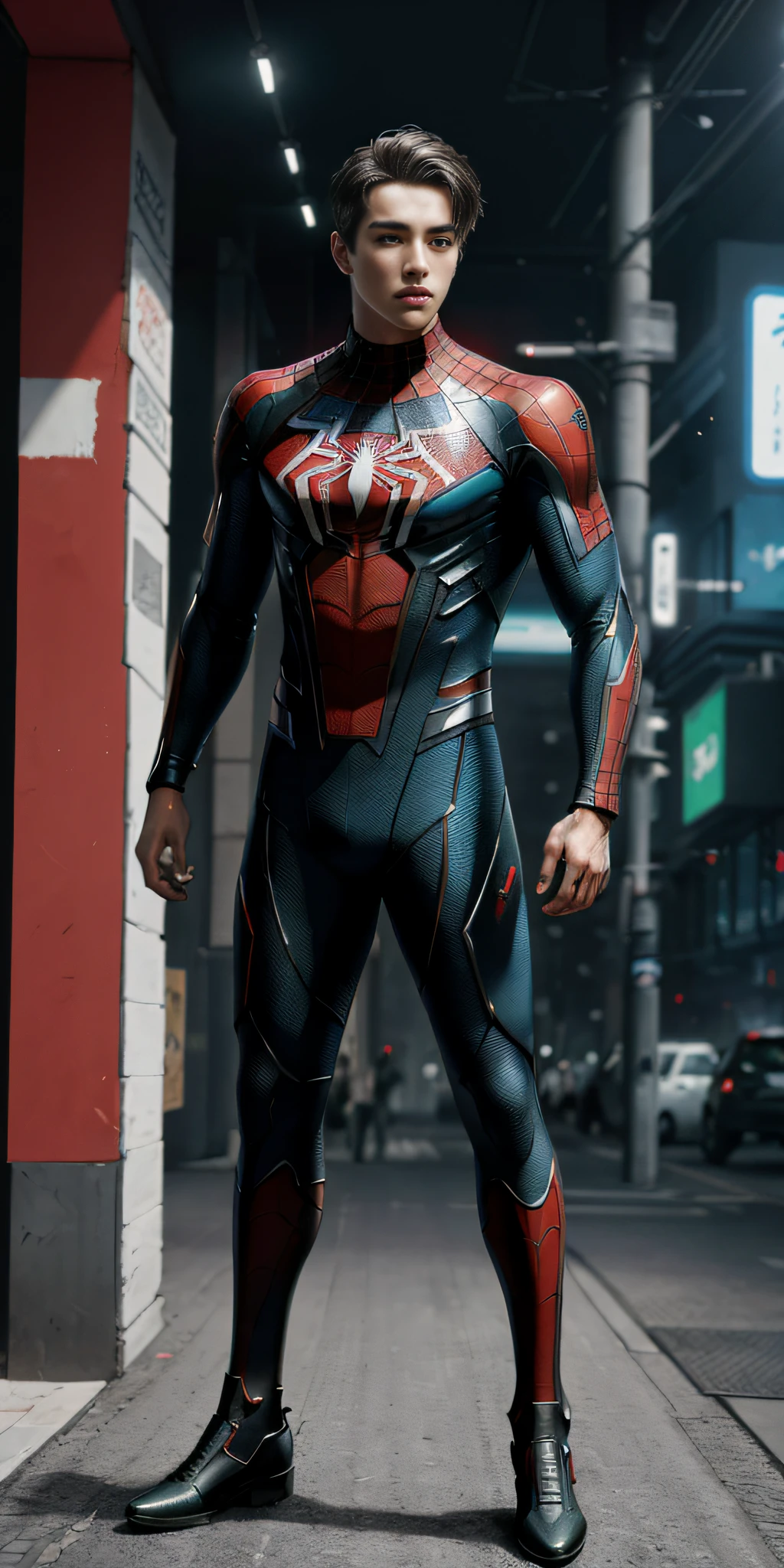 (1boy:1.3), solo, ((very detailed face)))), ((very detailed eyes and face)))), beautiful detail eyes, body parts__, full body, full body, official art, unified 8k wallpaper, super detailed, beautiful and beautiful, beautiful, masterpiece, best quality, original, masterpiece, super fine photo, best quality, super high resolution, realistic realism, sunlight, full body portrait, amazing handsome, dynamic pose, delicate face, vibrant eyes, (from the front), wearing Spider-Man suit, red and black color scheme, solid green background, detailed face, messy, gorgeous, highly detailed skin, realistic skin details, clear focus, 8k UHD, DSLR, high quality, film grain, fair skin, photo realism, lomography, translucent, (cyberpunk: 1.2), (semi-mechanical body: 1.2)