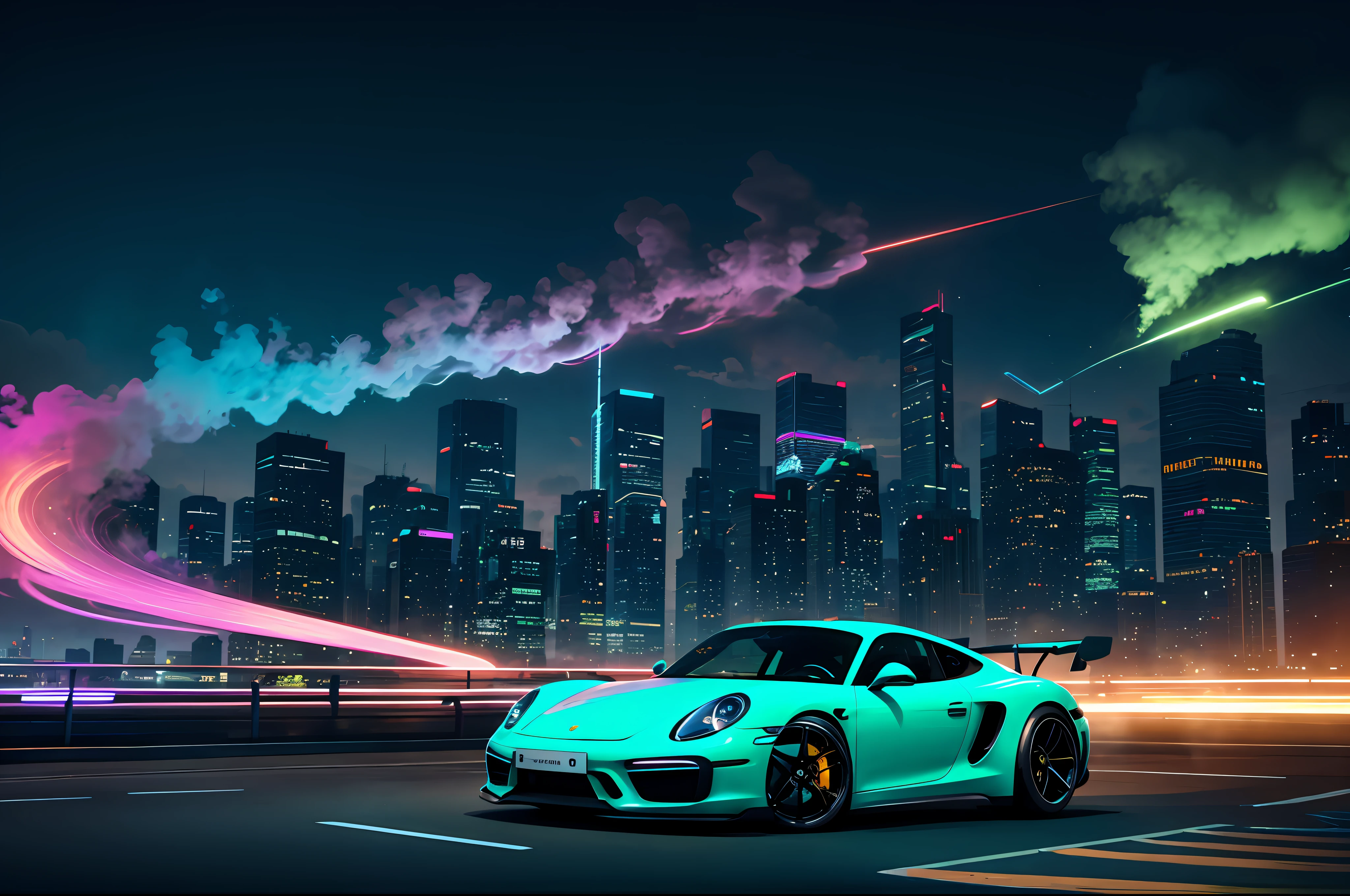 Cyberpunk supercar, pastel colors, swirling colors smoke, legend, cityscape, space, Porsche sports car