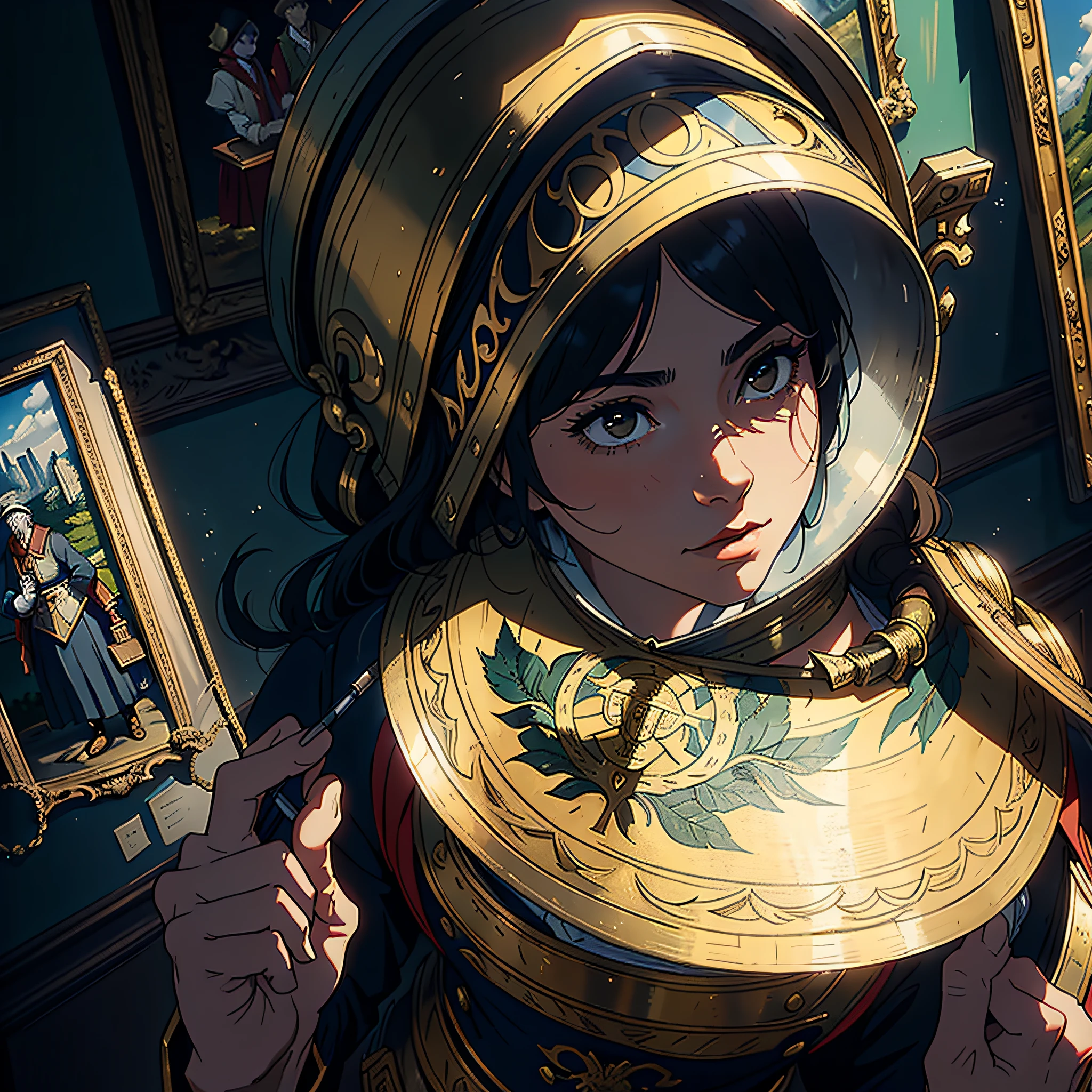 (A historical scene depicted in a painting: 1.9) (Depiction of a specific historical event or era: 1.7) (Detailed portrayal of characters, costumes, and settings: 1.8) (Emphasis on historical accuracy and attention to detail: 1.8) (Artistic composition and technique: 1.5)