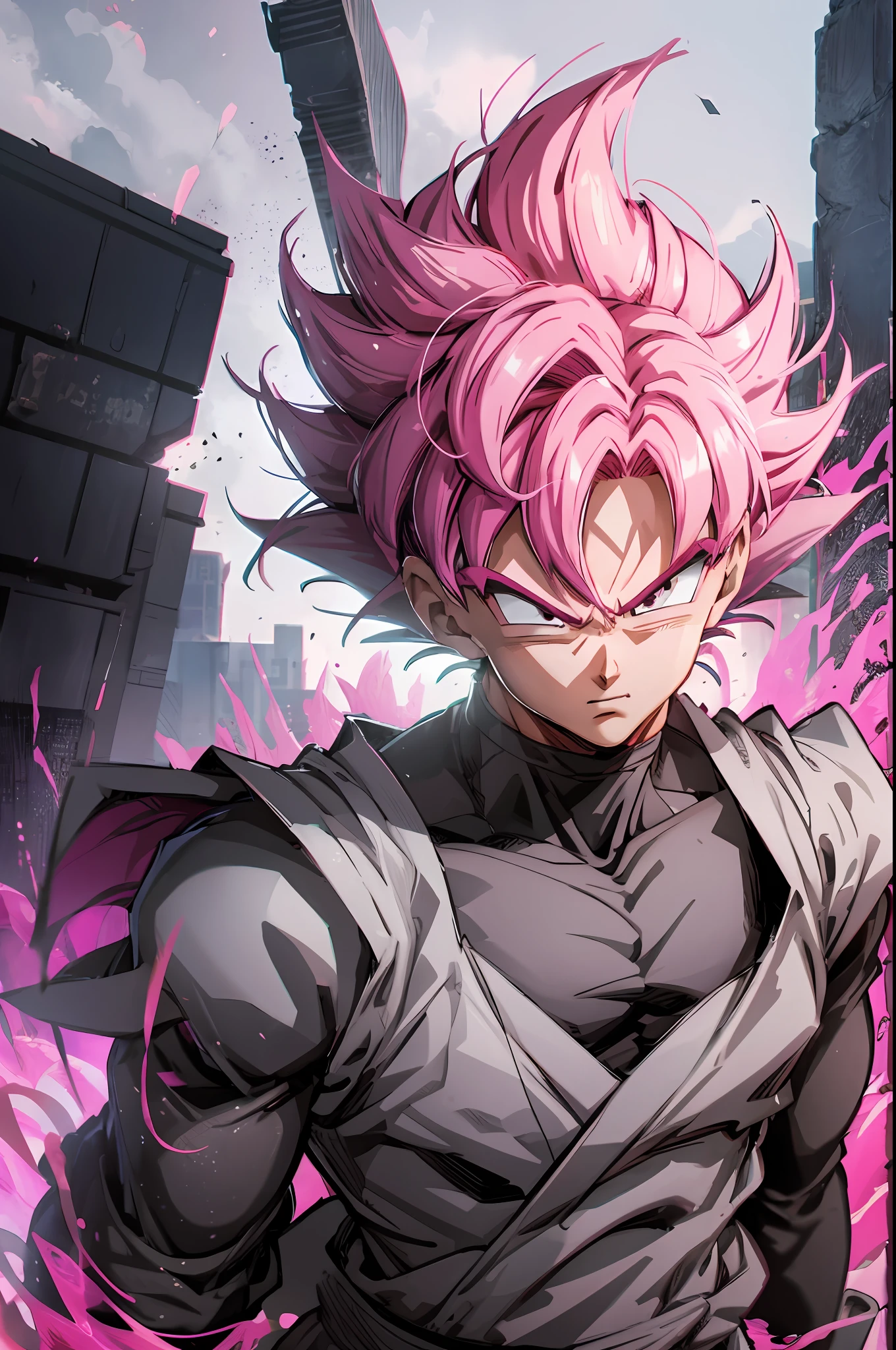 1boy,Goku black,black and red gi,super Saiyan Rosé,pink hair hair, official art for dbs, absolutely stunning art, perfect eyes,slim,highest quality digital art, Stunning art, wallpaper 4k,8k,64k, HD, unparalleled masterpiece, dynamic lighting, cinematic, epic