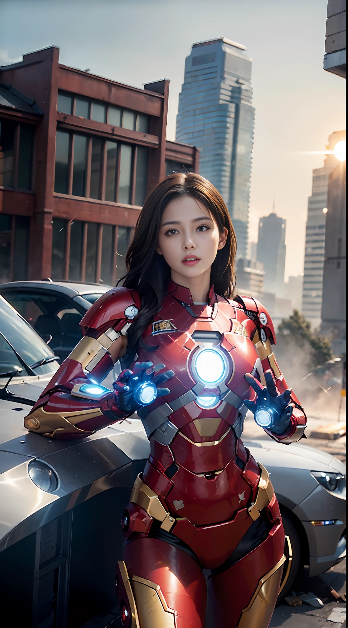 RAW, Masterpiece, Ultra Fine Photo,, Best Quality, Ultra High Resolution, Photorealistic, Sunlight, Full Body Portrait, Stunningly Beautiful,, Dynamic Poses, Delicate Face, Vibrant Eyes, (Side View) , she is wearing a futuristic Iron Man mech, red and gold color scheme, highly detailed abandoned warehouse background, detailed face, detailed and complex busy background, messy, gorgeous, milky white, high detailed skin, realistic skin details, visible pores , sharp focus, volumetric fog, 8k uhd, dslr camera, high quality, film grain, fair skin, photorealism, lomography, sprawling metropolis in futuristic dystopia, view from below, translucent