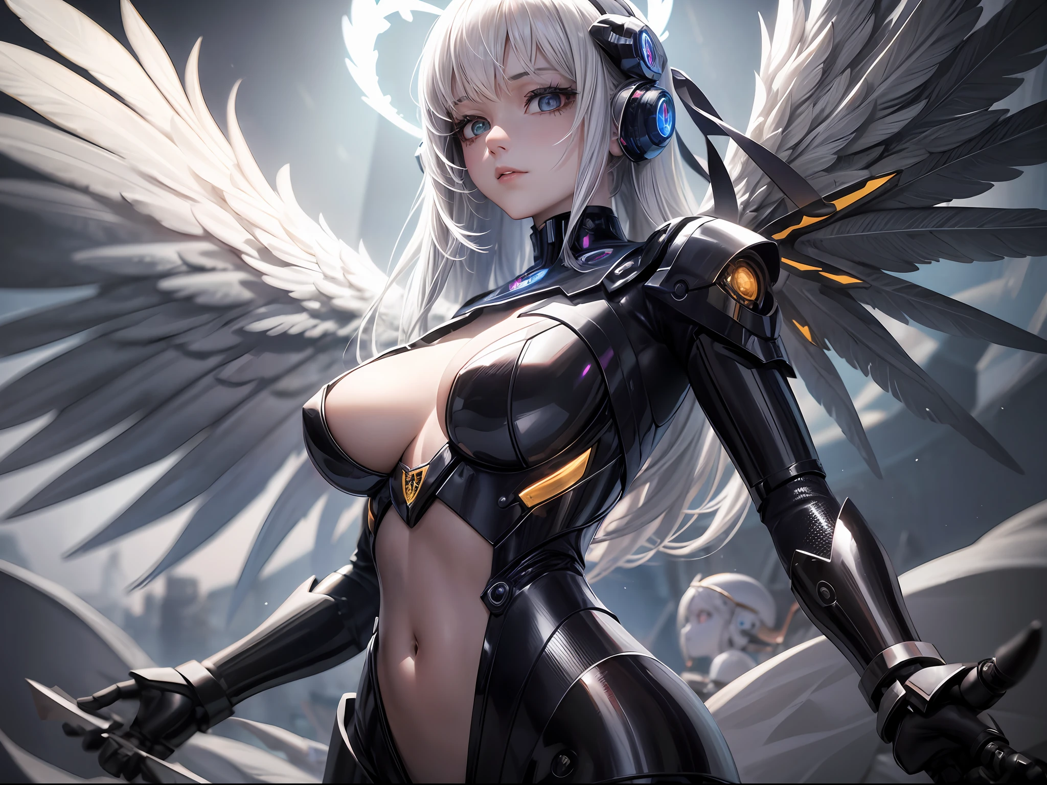 (Angel + Robot + Scorpion) × 1.3, long white hair, breasts, navel ring, unfolded light wings, feather details, light halo, high-tech punk atmosphere on background, bright eyes, highest quality, highest resolution, masterpiece, cinematic lighting