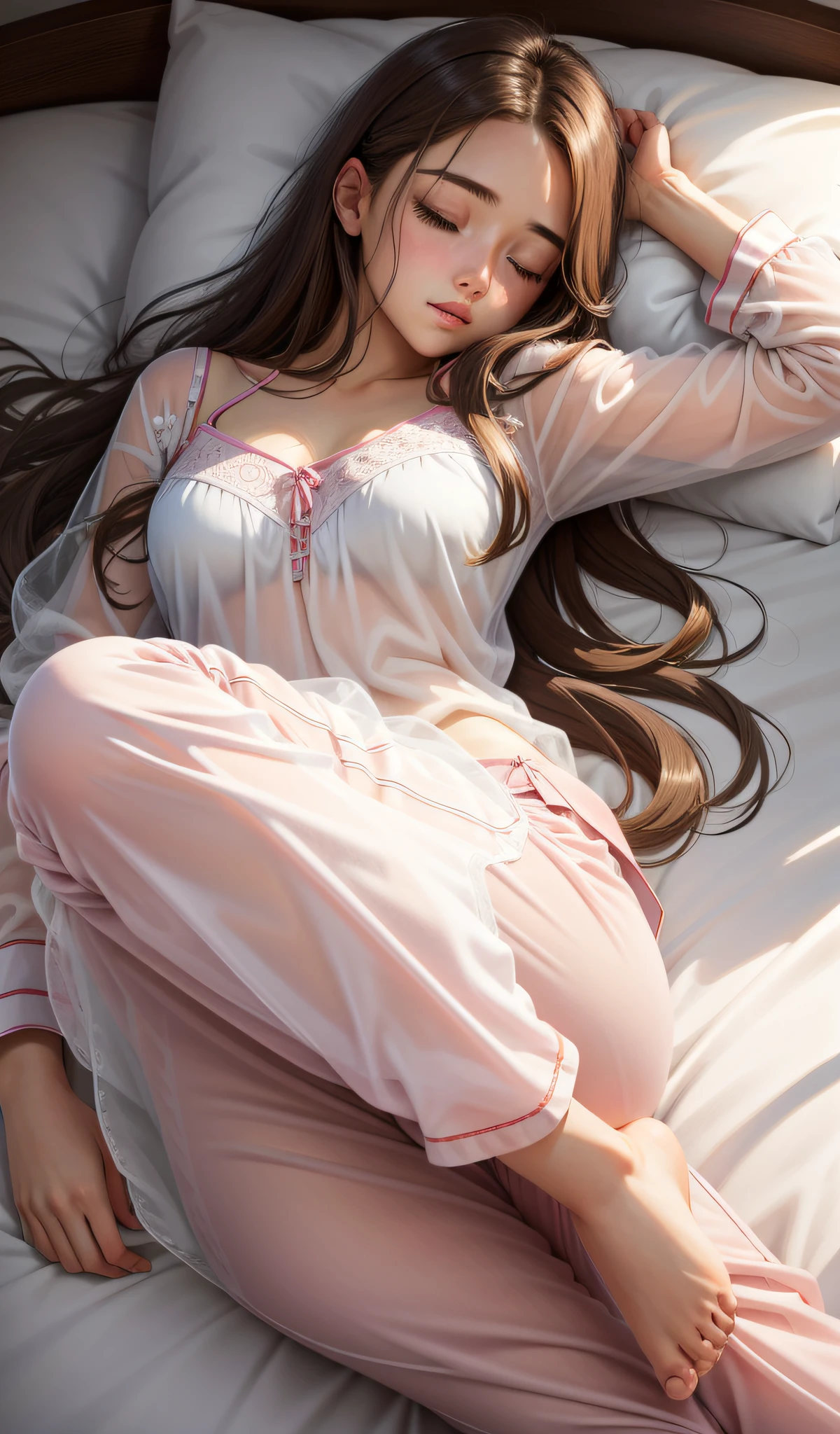 "Realistic depiction of a -yeld gisleeping in transparent pajamas and long pants, with beautiful brown hair softly resting on the pillow."