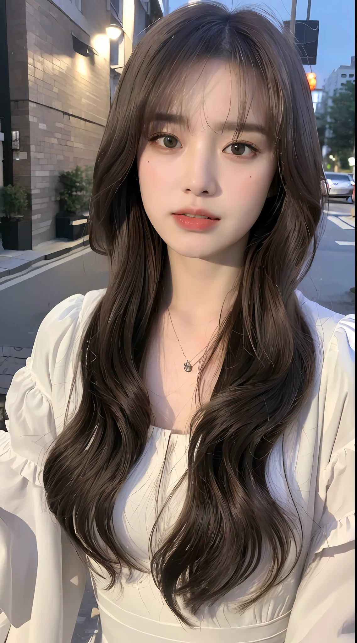 ((Best Quality, 8K, Masterpiece:1.3)), Focus:1.2, Perfect Body Beauty:1.4 , ((Air Bangs:1.2)), (Night, Street:1.3), Highly Detailed Face and Skin Texture, Fine Eyes, Double Eyelids, Whitened Skin, (Long Hair: 1.3), (Round Face: 1.5), (Dress: 1.6)
