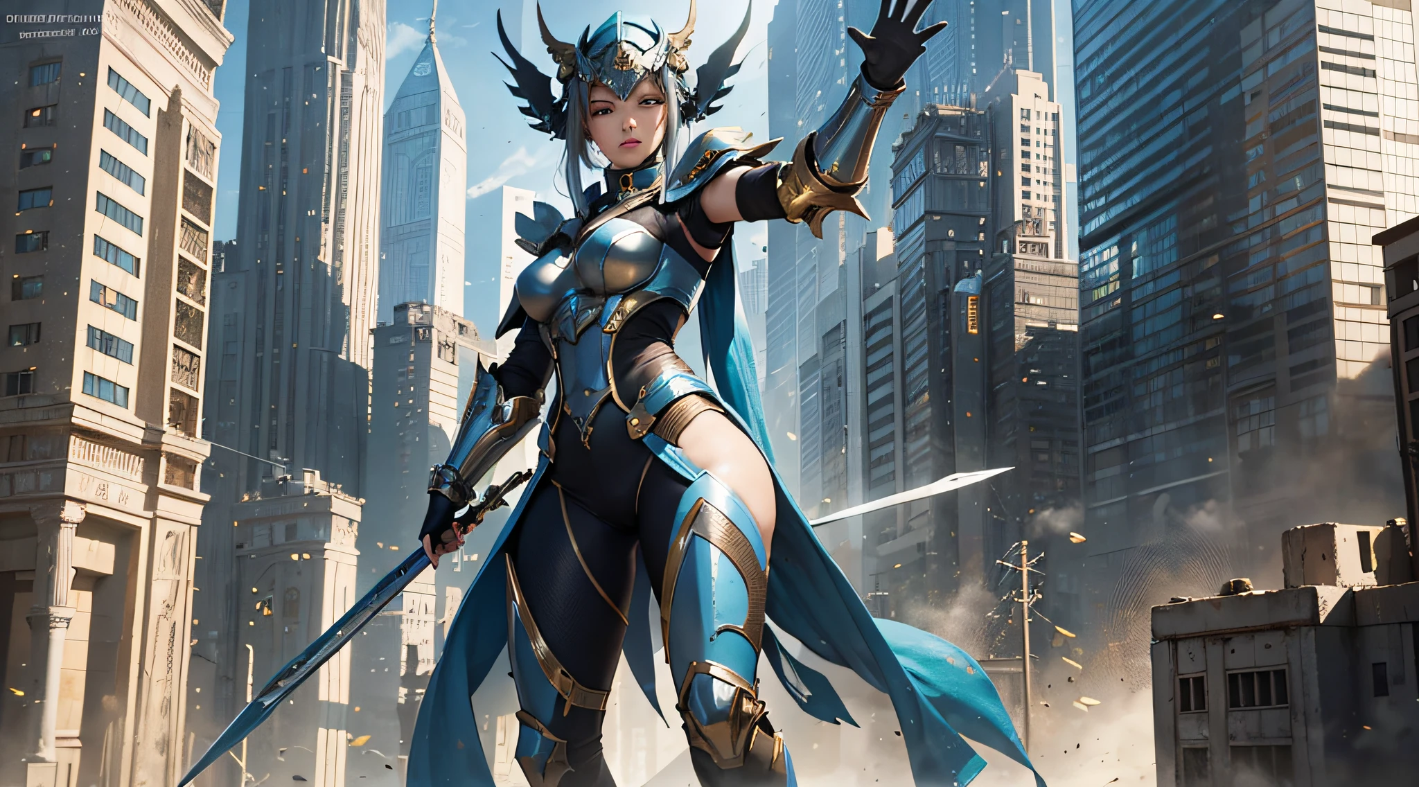 Creature beauty in futuristic armor, The background is an abandoned city, Technical symmetry, fully body, Dynamic pose, Movie, best qua4lity, Dynamic perspective, dynamic angle, golden ratio, Wide-angle photography, Wide field of view, Deep depth of field, zoom out, Tech clothing, City Samurai 3D, jiezuo, High Detailed, best qua4lity, highresolution, Textured skin , UHD, Anatomically correct, high quality, award winning --auto --s2