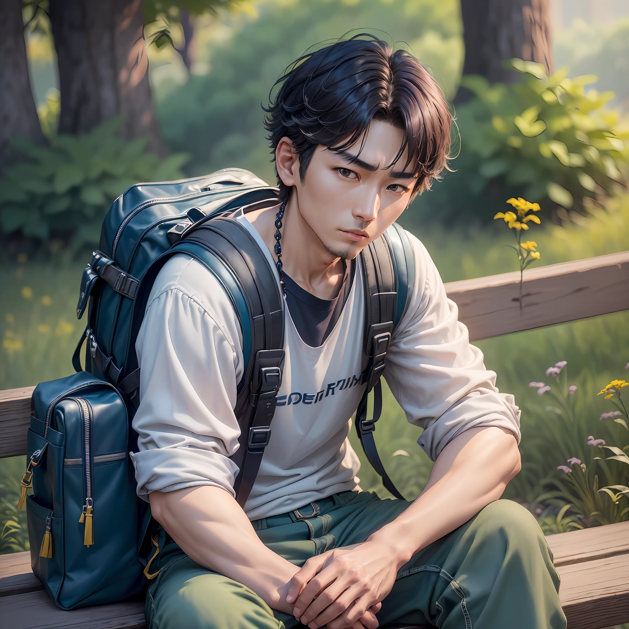 ((8k HD blockbuster, brilliant idea), Arafeld man sitting on bench with backpack on his shoulder, (Sangsoo Jeong+Hong June Hyung+Joongwon Jeong+Jeongseok Lee+Hyung Tae Kim), (Unique Korean Art Style: 1.3), (Pure Chinese Art Style), Sony A9 Shooting, (Soft Tone: 0.8). ) --auto --s2