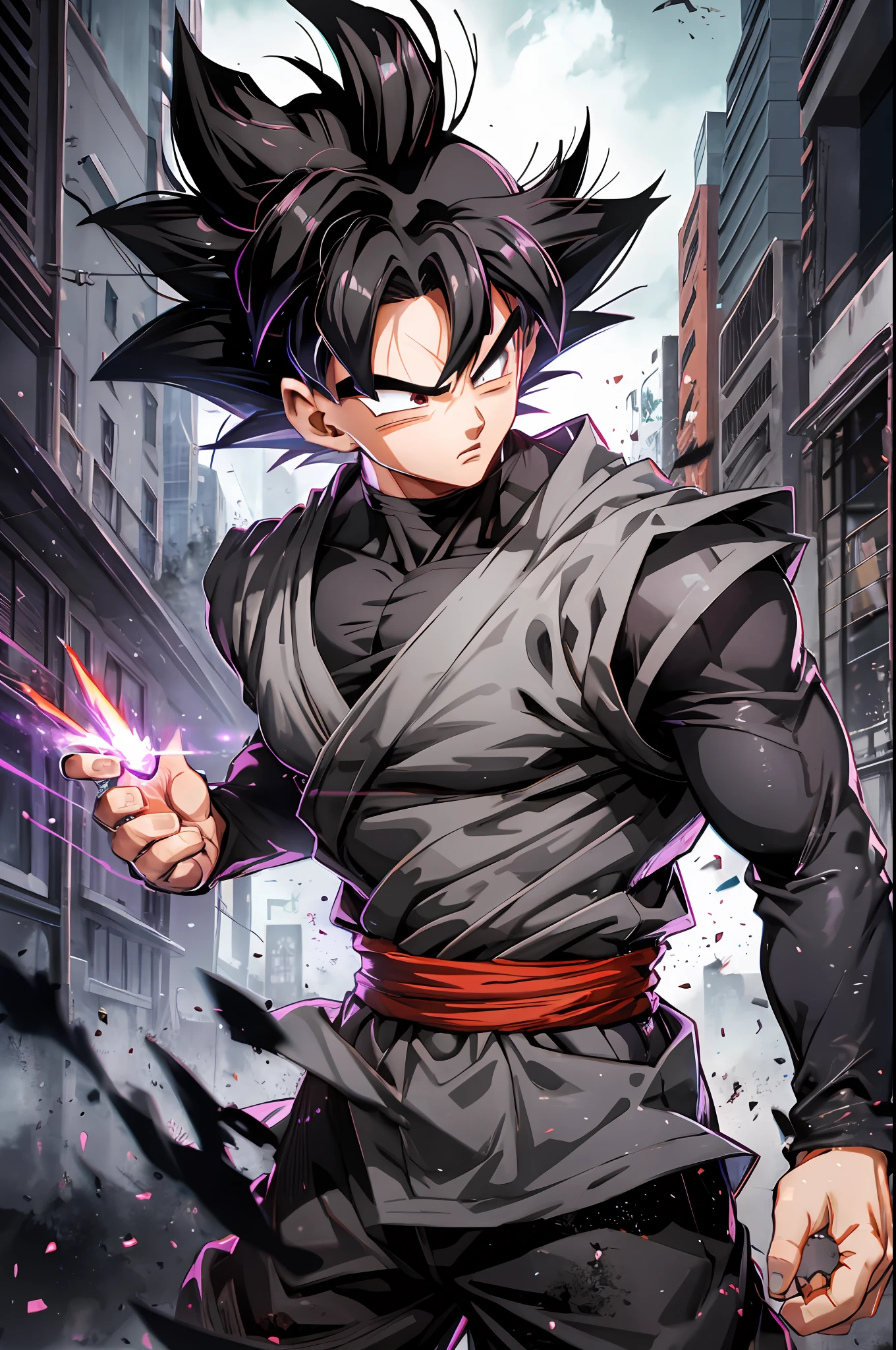 1boy,Goku black,black and red gi,Goku black,black hair,slim,highest quality digital art, Stunning art, wallpaper 4k,8k,64k, HD, unparalleled masterpiece, dynamic lighting, cinematic, epic