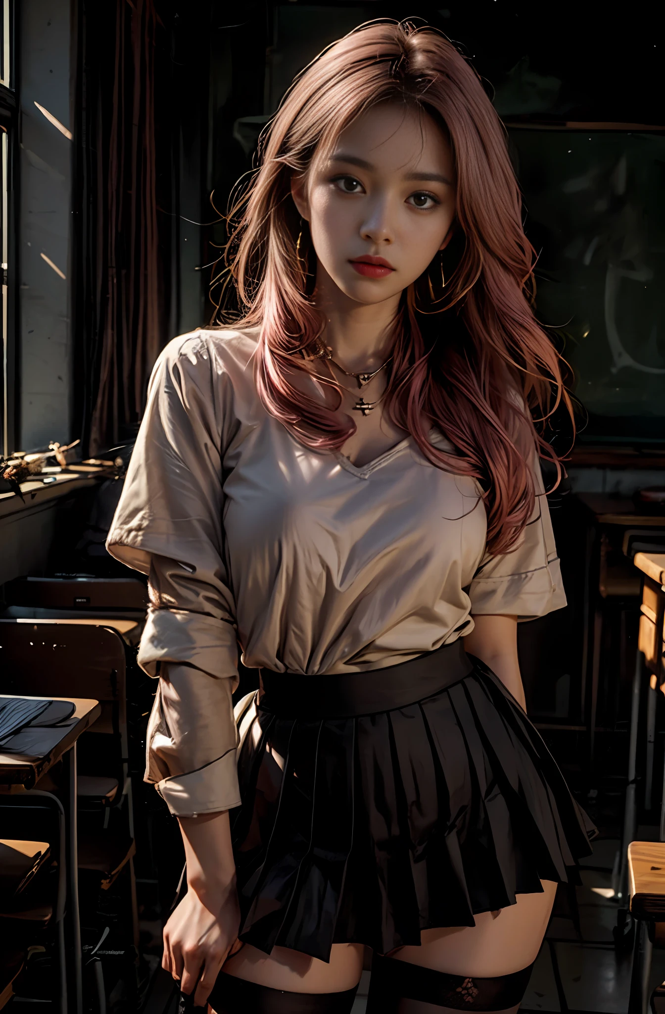 Large aperture f1.2, blurred, classroom, blurred background, masterpiece, 1 girl, waist up, faint smile, shiny skin, best quality, (realistic: 1.4), school uniform, pleated skirt, black stockings, background blur, focal length on person, (large aperture: 1.2), pink hair, necklace, earrings, classroom, school, night