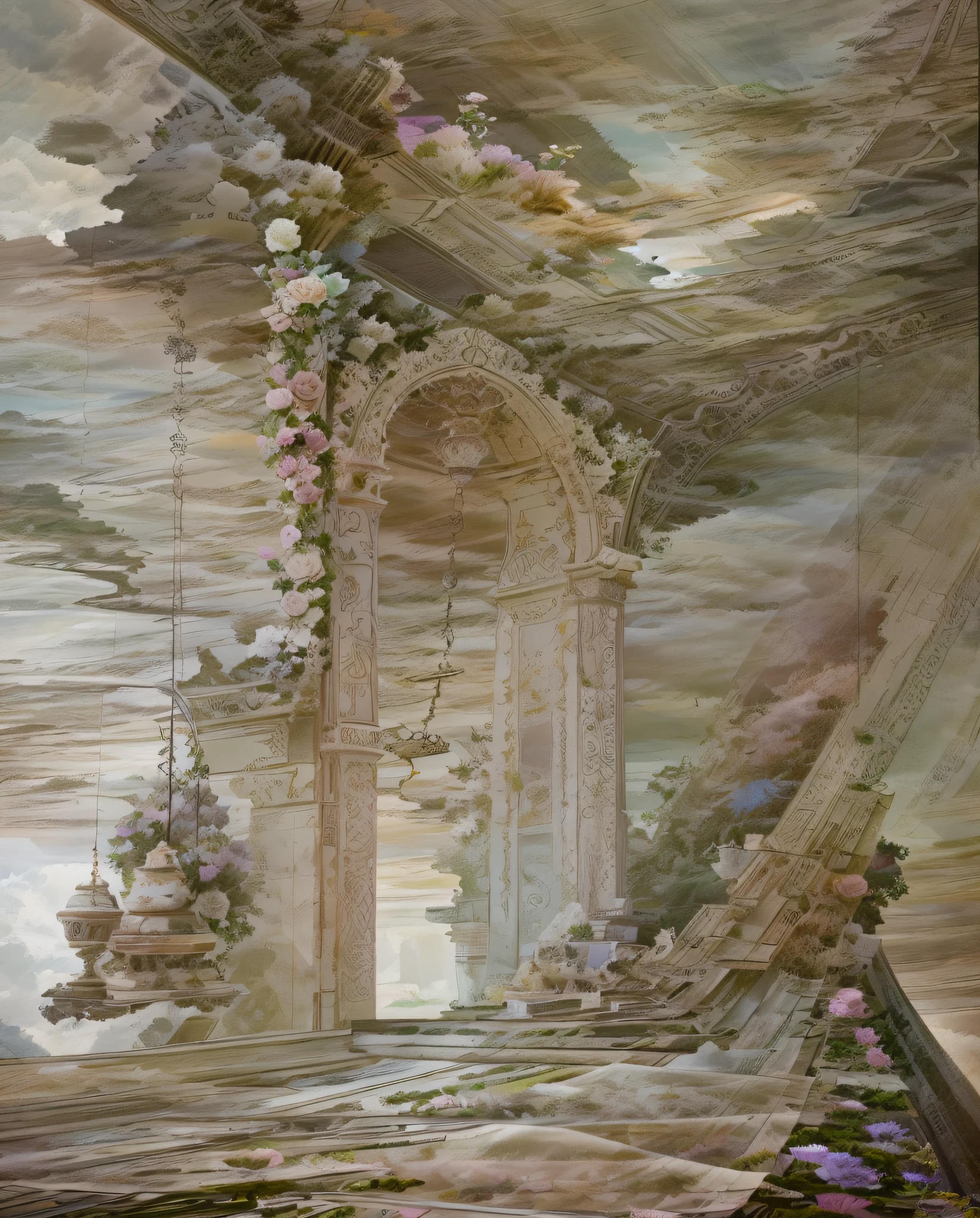 a close up of a room with a lot of flowers on the ceiling, dreamy atmosphere and drama, dreamy aesthetic, very magical and dreamy, dreamy and detailed, atmospheric beautiful details, neo-rococo expressionist style, ethereal fairytale, dreamy atmosphere, fantasy aesthetic!, dreamy scene, fairy aesthetics, dreamy ethereal vibe, incredibly ethereal, beautiful aesthetic, ethereal and dreamy theme