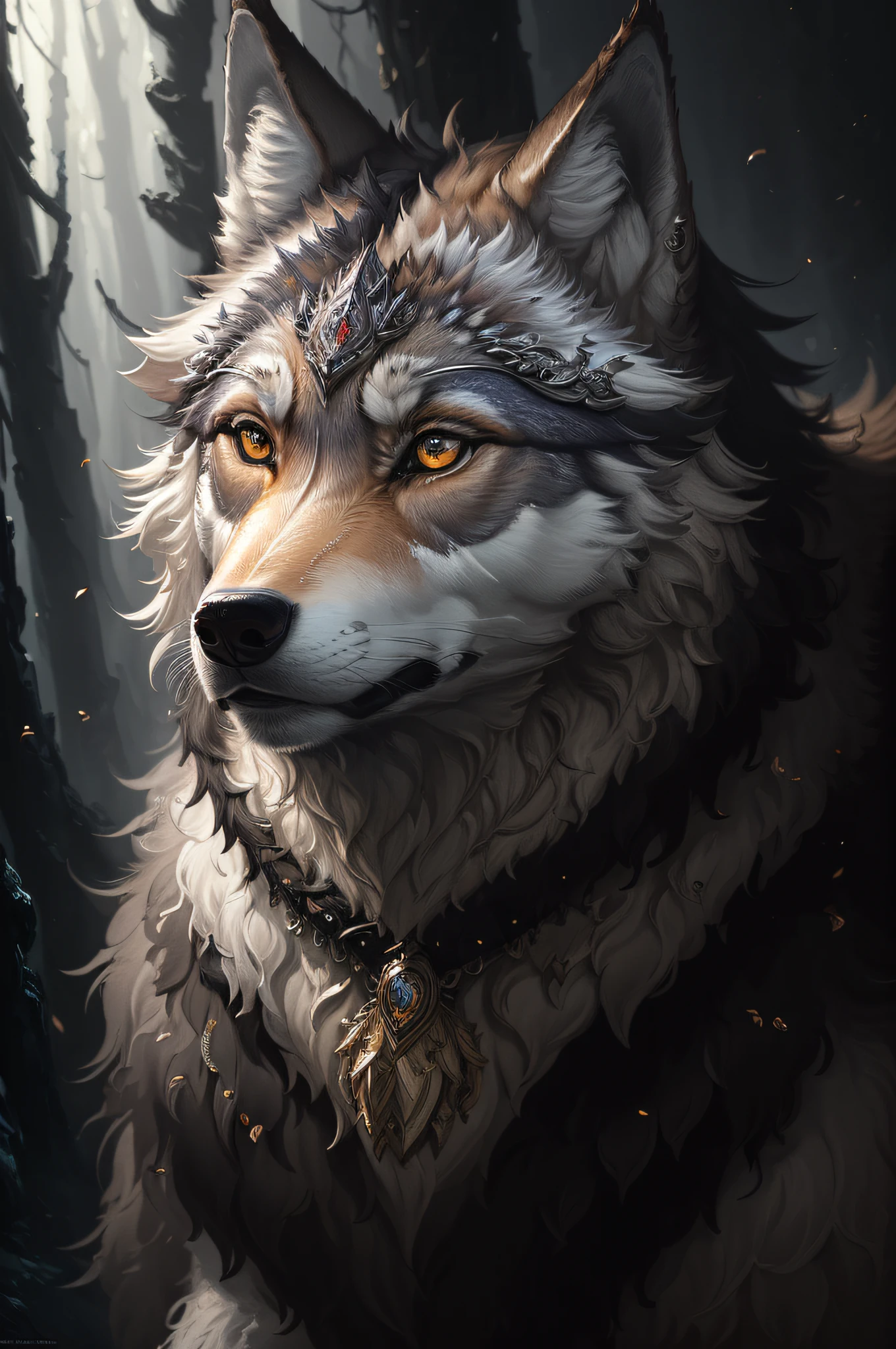 masterpiece, best quality, (finely detailed wolf)), (very detailed CG unified 8k wallpaper), (very detailed CG unified 8k wallpaper), Ed Blinkey, Atey Ghailan, professional majestic oil painting by Studio Ghibli, Jeremy Mann, Greg Manchess, Antonio Moro, trends on ArtStation, Midjourney and Greg Rutkowski's trends on CGSociety, complexity, high detail, sharpness, Dramatic, realistic art of painting
