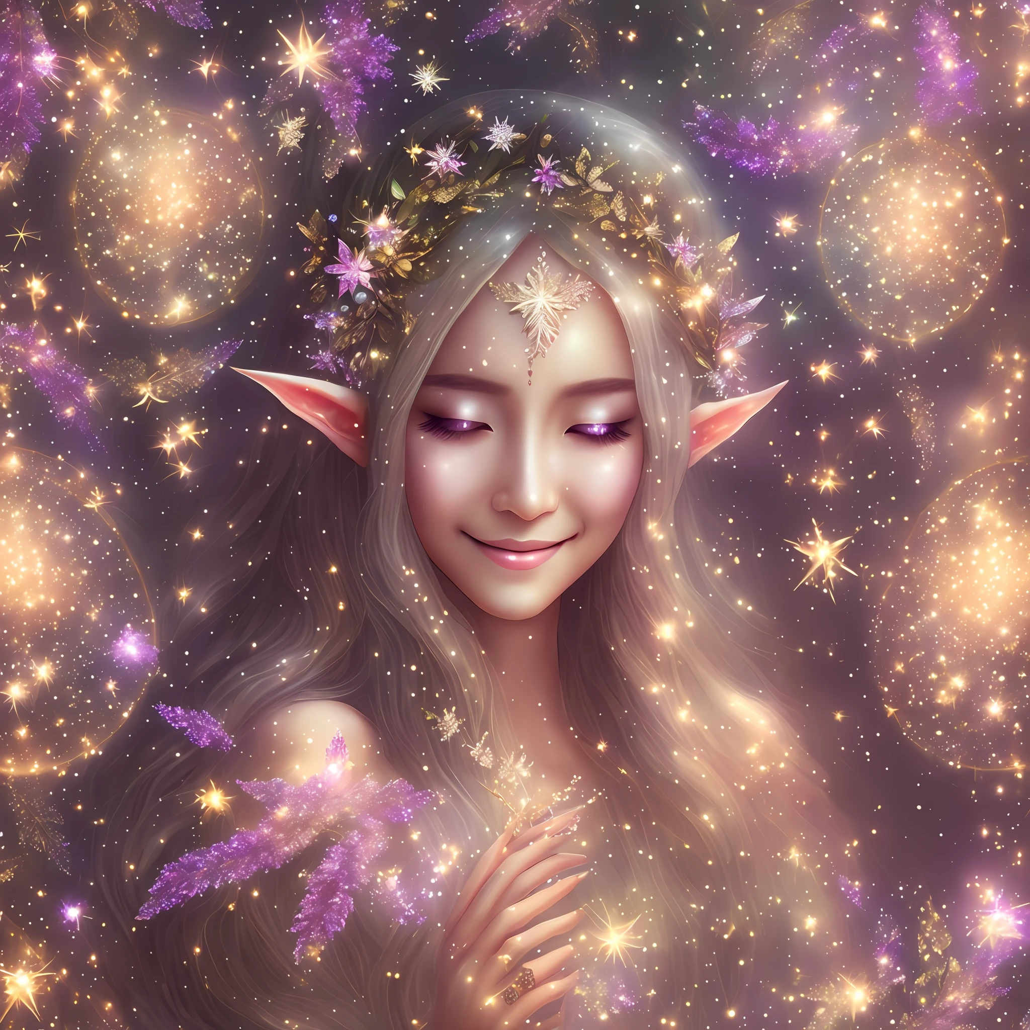 mysterious, high image quality, elf, heavenly forest, sparkle, gentle smile, light, halo, happiness, missha, lassen, glitter, fireflies --auto --s2