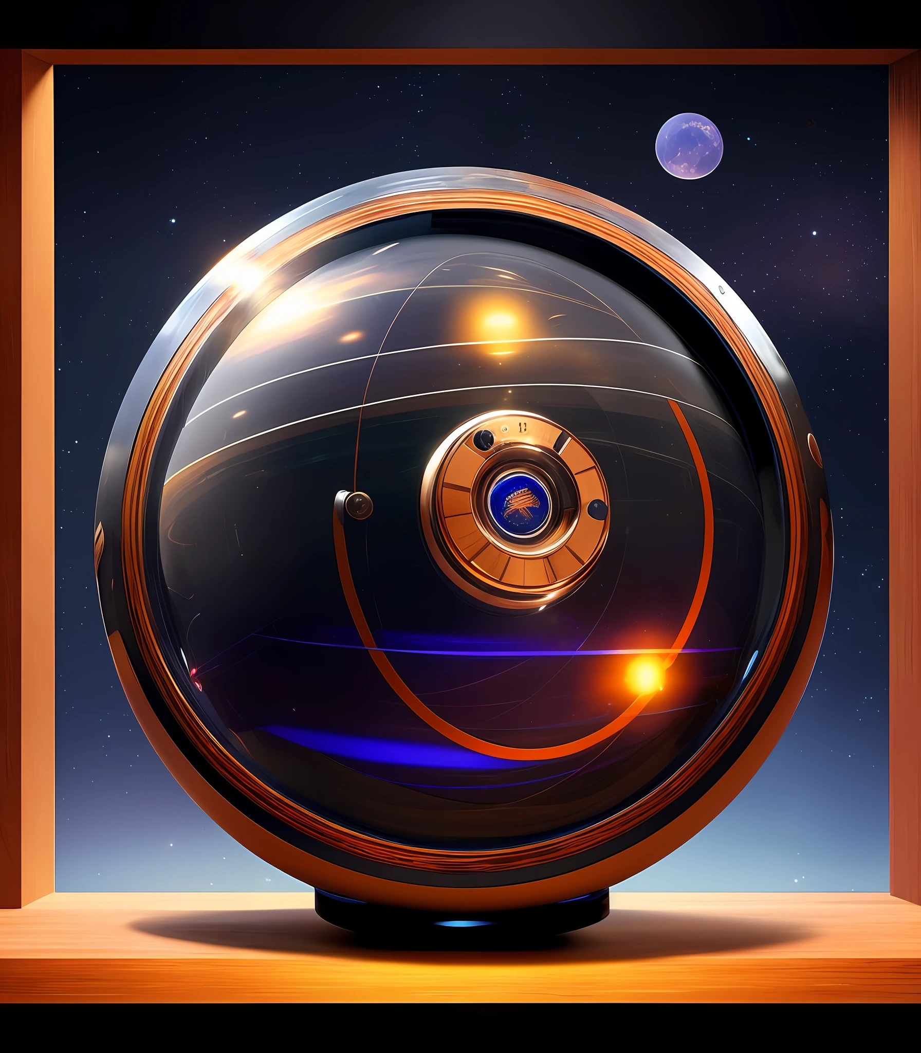 Small Stellar Scifi Black Sphere, Steel Wheels with Wooden Rings, Made in 1970, Renewed, Wiring, Obsidian Texture, An Old, Ethnographic Object, Vintage!, A Picturesque, Retro, New Retro, Gadget, Antique, Very Coherent Image, Peter Greco Style, Chris Moore Style, John Berkey Style